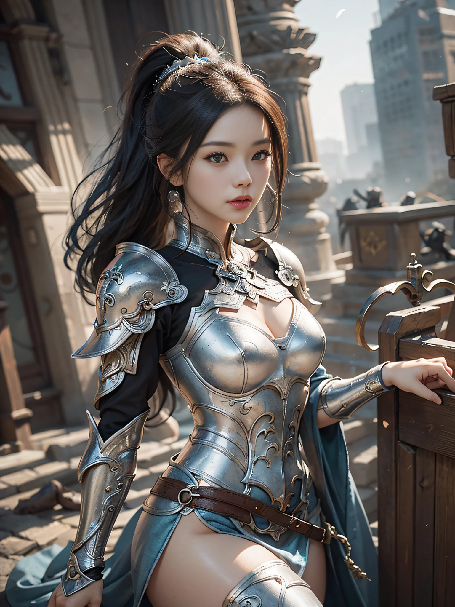 A woman in a silver-blue dress,Cheng Wei Pan on ArtStation,by Yang J,detailed fantasy art,stunning character art,Best Art in Doujin Art,Epic and beautiful character art,beautiful armor,Extremely detailed artistic germ,detailed digital anime art,Artgerm on ArtStation Pixiv,Armor Girl,Black stockings,High ponytail