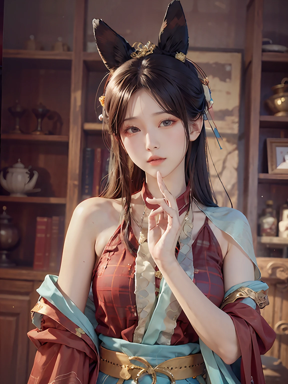 cyq, (zhubao:1.2),1girl, solo, brown hair, long hair, realistic, blurry, brown eyes, blurry background, lips, plaid shirt, red shirt, ulzzang-6500v1.1, (original: 1.2), (realistic: 1.3) , beautiful girl with beautiful details, extremely detailed eyes and face, eyes with beautiful details, absurd, incredibly absurd, huge file size, ultra detail, high resolution, ultra detailed, best quality, masterpiece, illustration, ultra detailed and beautiful, ultra detailed, CG, unity, 8k wallpaper, amazing, fine Detail, masterpiece, top quality, official art, extremely detailed CG unity 8k wallpaper, cinematic lighting, (perfect shiny skin:0.6), slim and smooth lines, dunhuang_cloths, dunhuang_style, dunhuang_dress,
