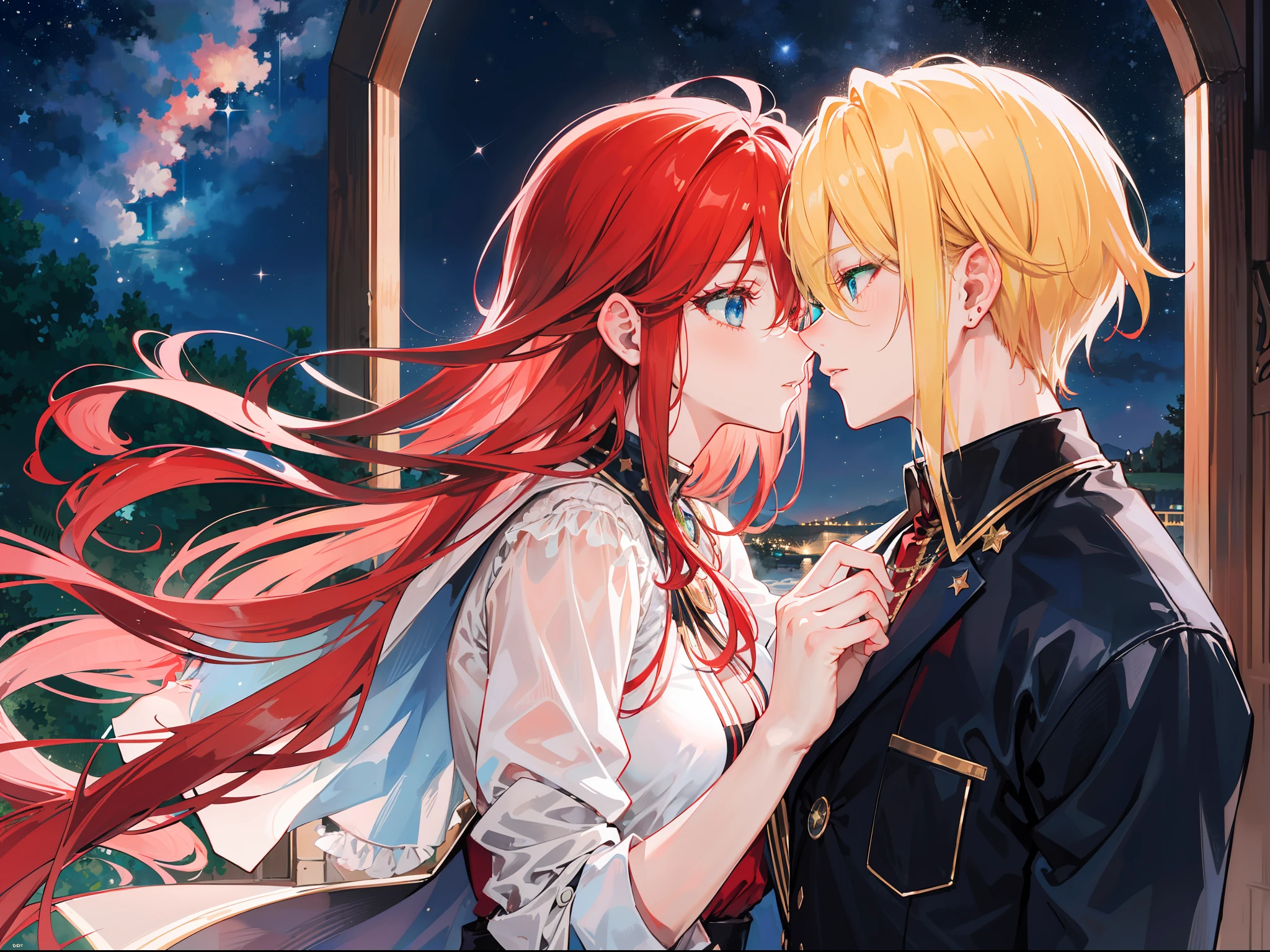 "Generate a old mature couple passionately kissing under a starry night sky, showcasing romance with gorgeous lighting. The woman has flowing red hair and captivating blue eyes, while the man has charming blonde hair and enchanting green eyes."