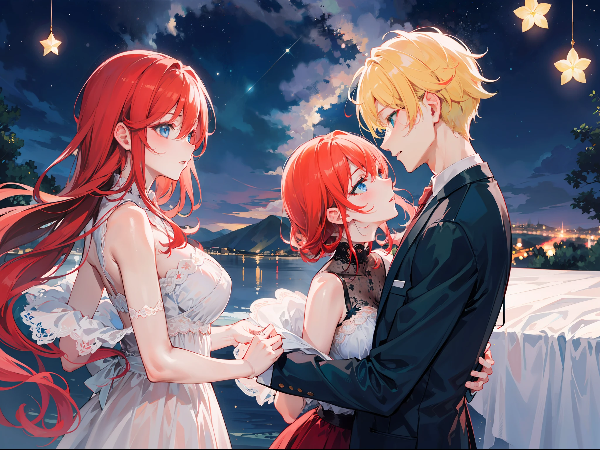 "Generate a old mature couple passionately kissing under a starry night sky, showcasing romance with gorgeous lighting. The woman has flowing red hair and captivating blue eyes, while the man has charming blonde hair and enchanting green eyes."