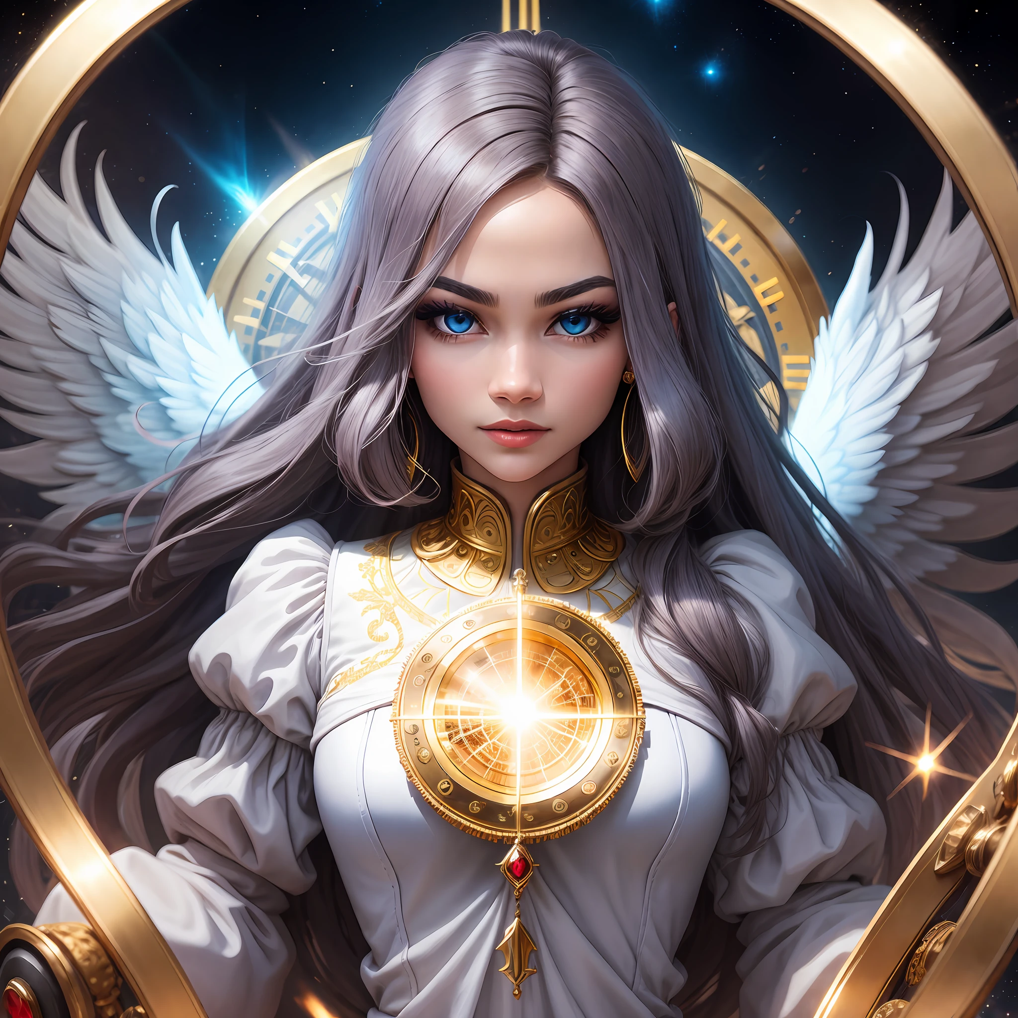 Comic art, RAW-format, zendaya, grey-blue eyes, gray shaggy hair, looking at viewer, solo, half shot, detailed background, shining (vamptech  theme:1.1), divine archangel of time, (style-swirlmagic:0.9),  limitless time,   clockwork,  time and space, hourglass in background, symmetrical composition, majestic divine atmosphere, bright light, holy aura, bloom,  divine light, white clothes, golden embroidery,filigree,