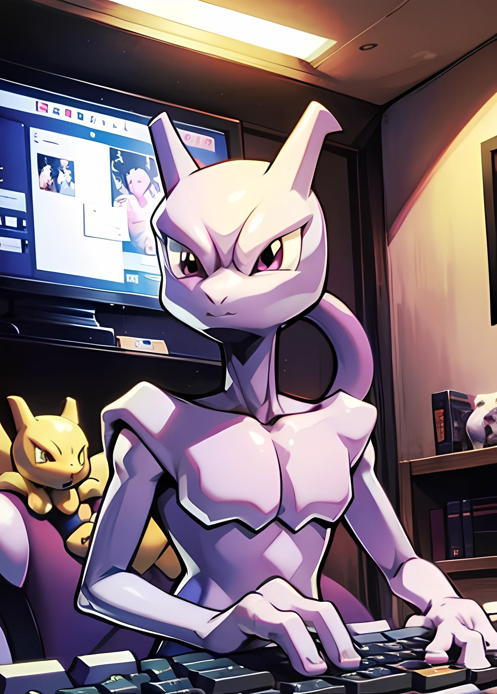 masterpiece, best quality, a pixiv illustration of Mewtwo, display in background, pc keyboard, messy room, indoors, non-human, pokemon creature