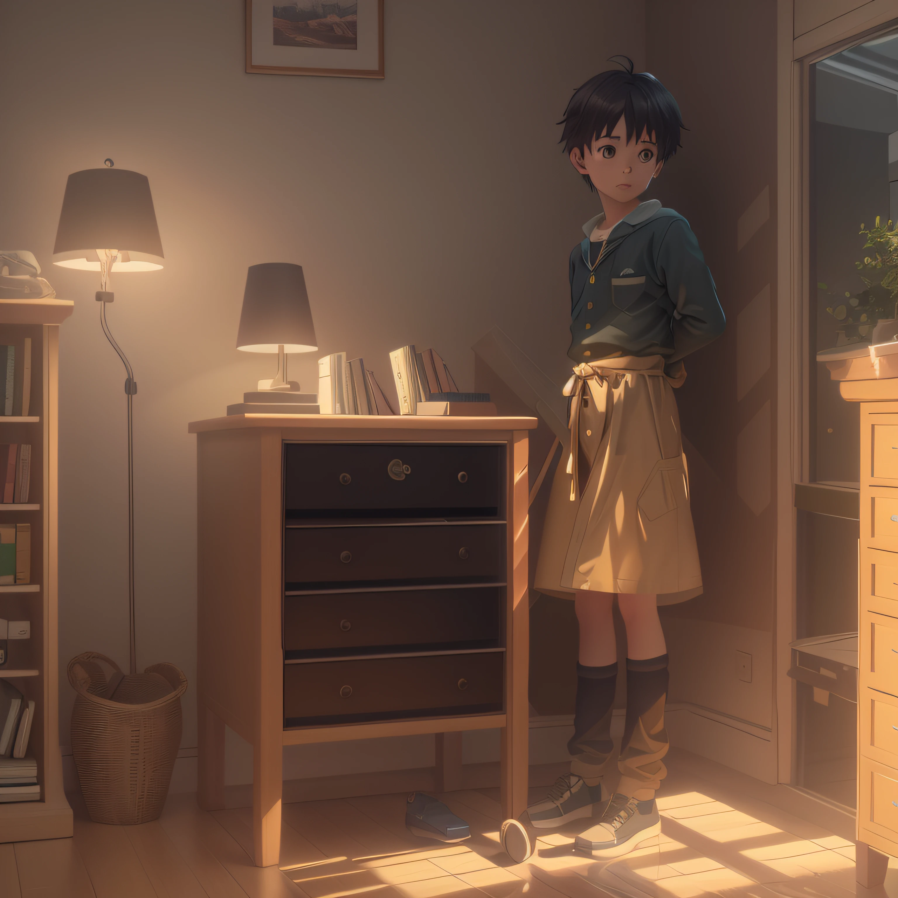 A cartoon boy in a room with a bookcase，digital render，Octane rating rendering，Realistic 3D anime style，Soft illumination，realistic afternoon lighting，in style of makoto shinkai。