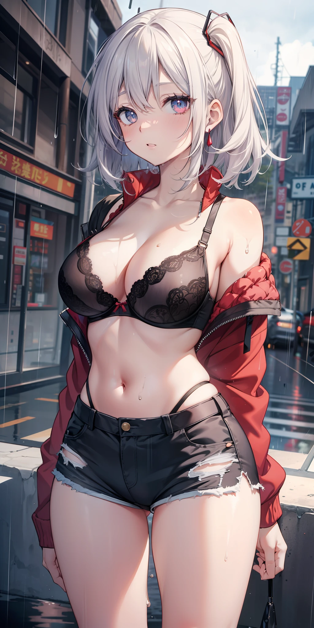 ((masterpiece)), ((best quality)), ((anime profile style)), ((HD 4k)), ((anime character)), ((body watering)), girl, female face , light skin, eyes, Eyelid, Pupil, Sclera, Iris, eyebrow, eyelashes, ear, nose, White hair wetting, neck, shoulders, long sleeved shirt, ((bra under shirt)), ripped open short shorts, ( (panties showing)), arms, ((thick legs)), ((big thigh)), background scenery, ((raining)), viewer view