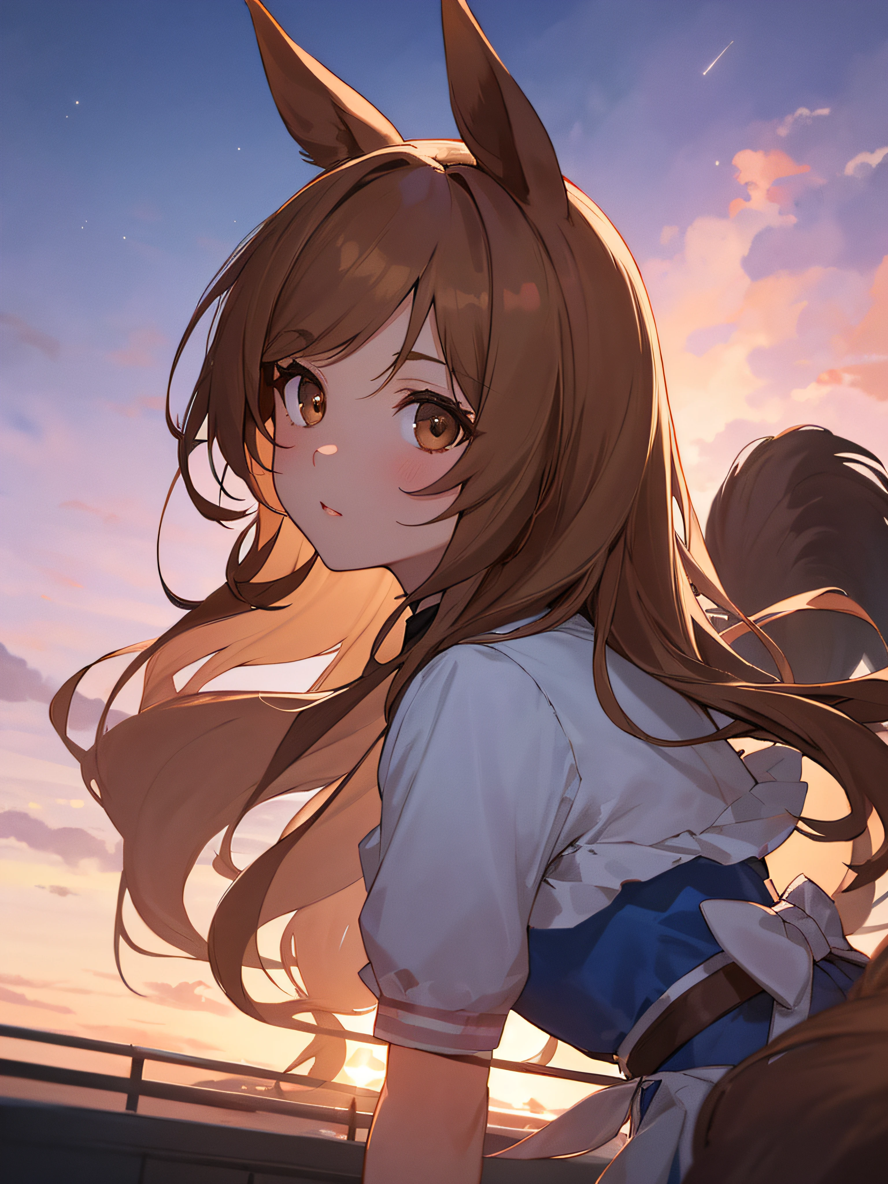 1girle, sunset, star sky,brown eye,1girle,long brown hair, Brown eyes, master masterpiece, best-quality, Uma Musume(Admire Vega), Grated hair, solo,,Natural lighting,dj,Picturesque,(detailed  face:1.2),showcase,(Perfect eyes:1.1),Horse ears,Eared,tail,The tail is growing,solo