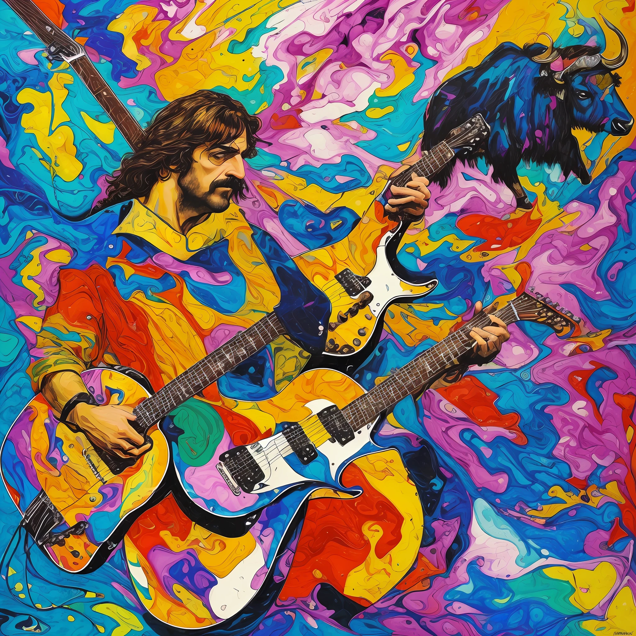 Frank Zappa riding a Buffalo playing guitar in Montana, blueberry muffins, abstract, textured, lucid, marbling --auto