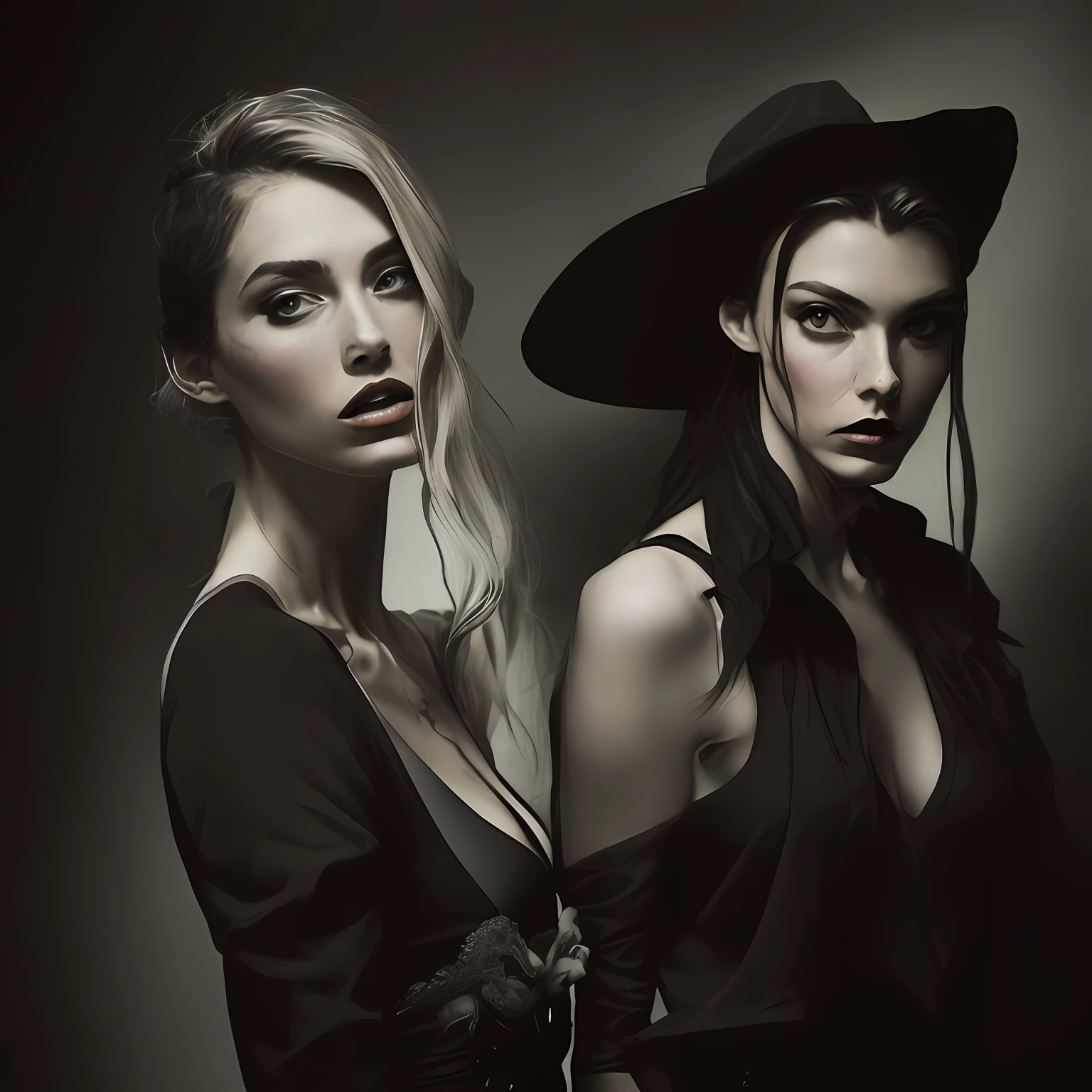 two women in black and white pose for a picture, two models in the frame, beautiful gemini twins portrait, fashion editorial photography, editorial photograph, fashion photography portrait, 5 0 0 px models, editorial photograph, editorial fashion photography, editorial image, editorial model, by Seb McKinnon, by Matija Jama, fine art fashion photography, artgerm and patrick demarchelier