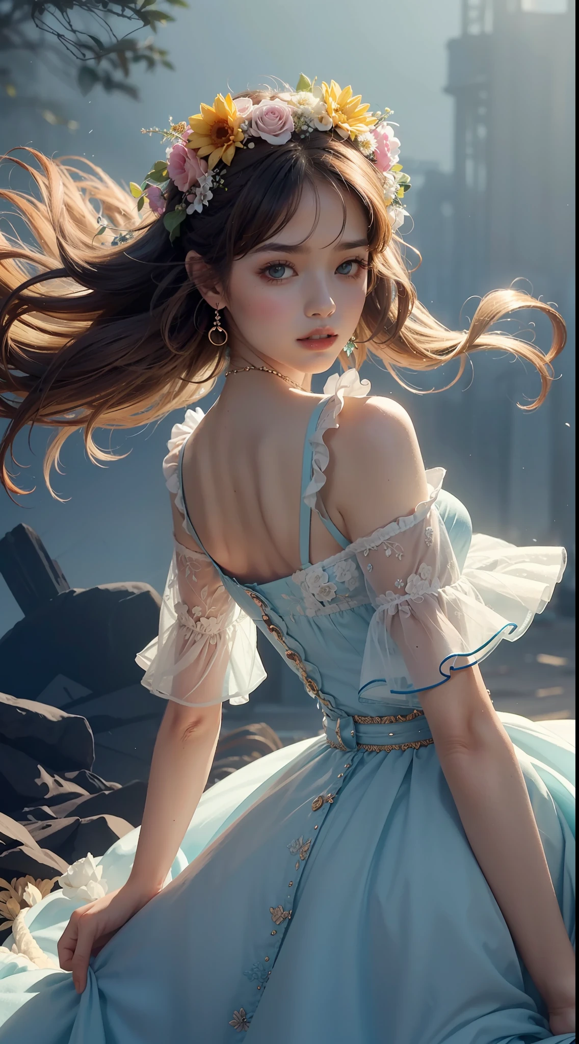 official art, ultra detailed, beautiful and aesthetic,beautiful, masterpiece, best quality, dynamic angle, cowboyshot, the most beautiful form of chaos, elegant, a brutalist designed, vivid colours, romanticism, by james jean, ashley wood, atmospheric, enjoy a stream of music, where you can visualize the notes ,??????? of flower, streaming musical notes visible, vintage flower style,rainbow-candy,style-swirlmagic, vintage flowers on the head
