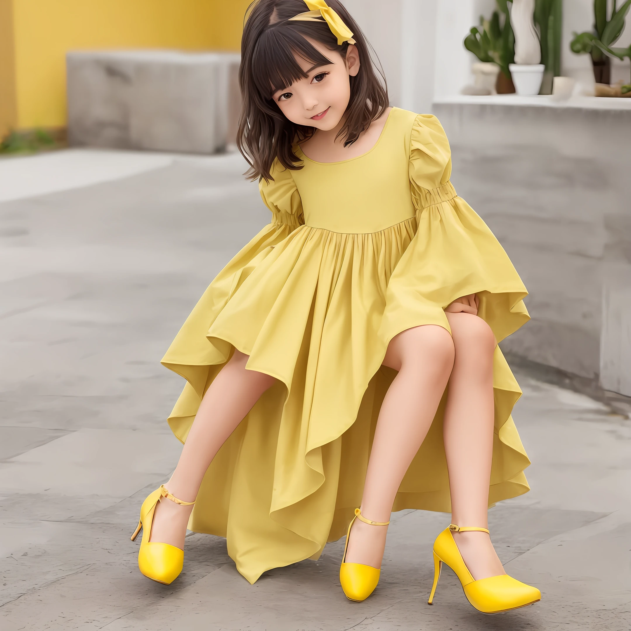 Menina de 4 loira de vestido longo florido de sapato amarelo