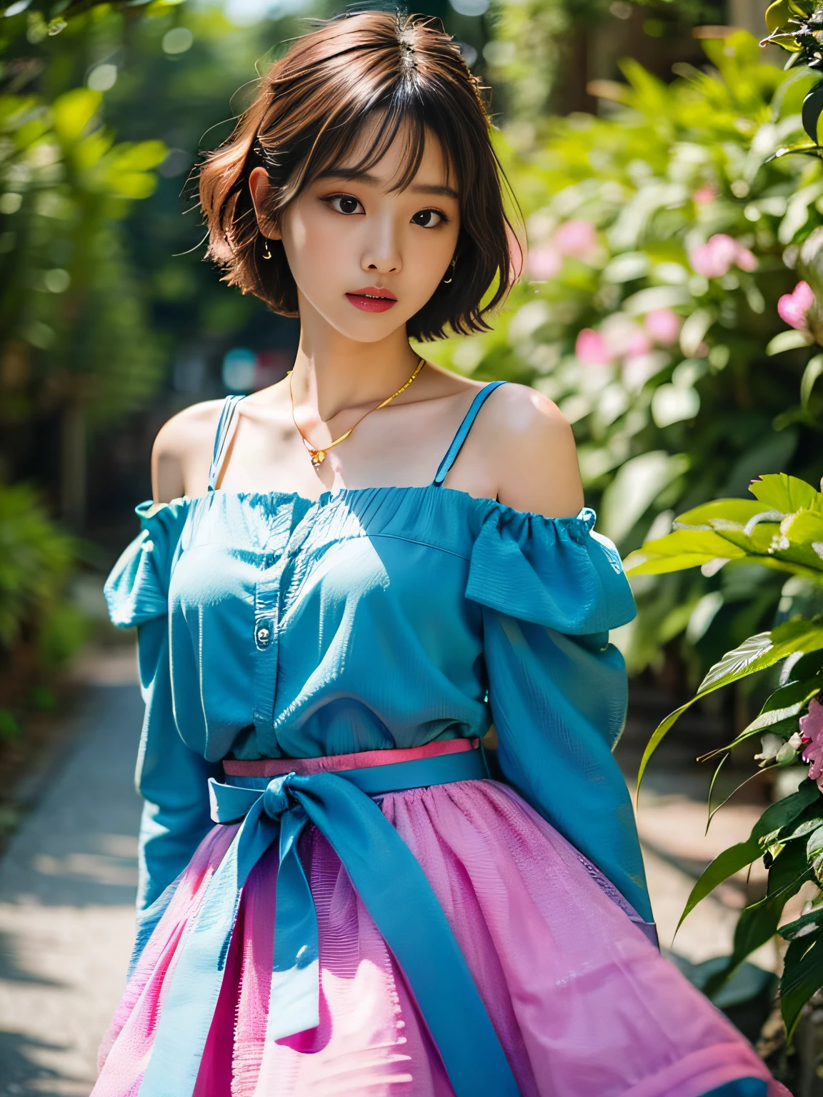 hkgirl, sun dress, short hair,  Random posture, (An extremely delicate and beautiful work), (masterpiece), 1girl, a girl in a pink dress, highly detailed, waist leaking, charming expression, beautiful and clear eyes, green eye pupil, delicate necklace, delicate earrings, fairy ears, simple blurred background, extreme detail description, beautiful, charming,  (ulzzang-6500-v1.1:0.5) , (pureerosface_v1:0.5)