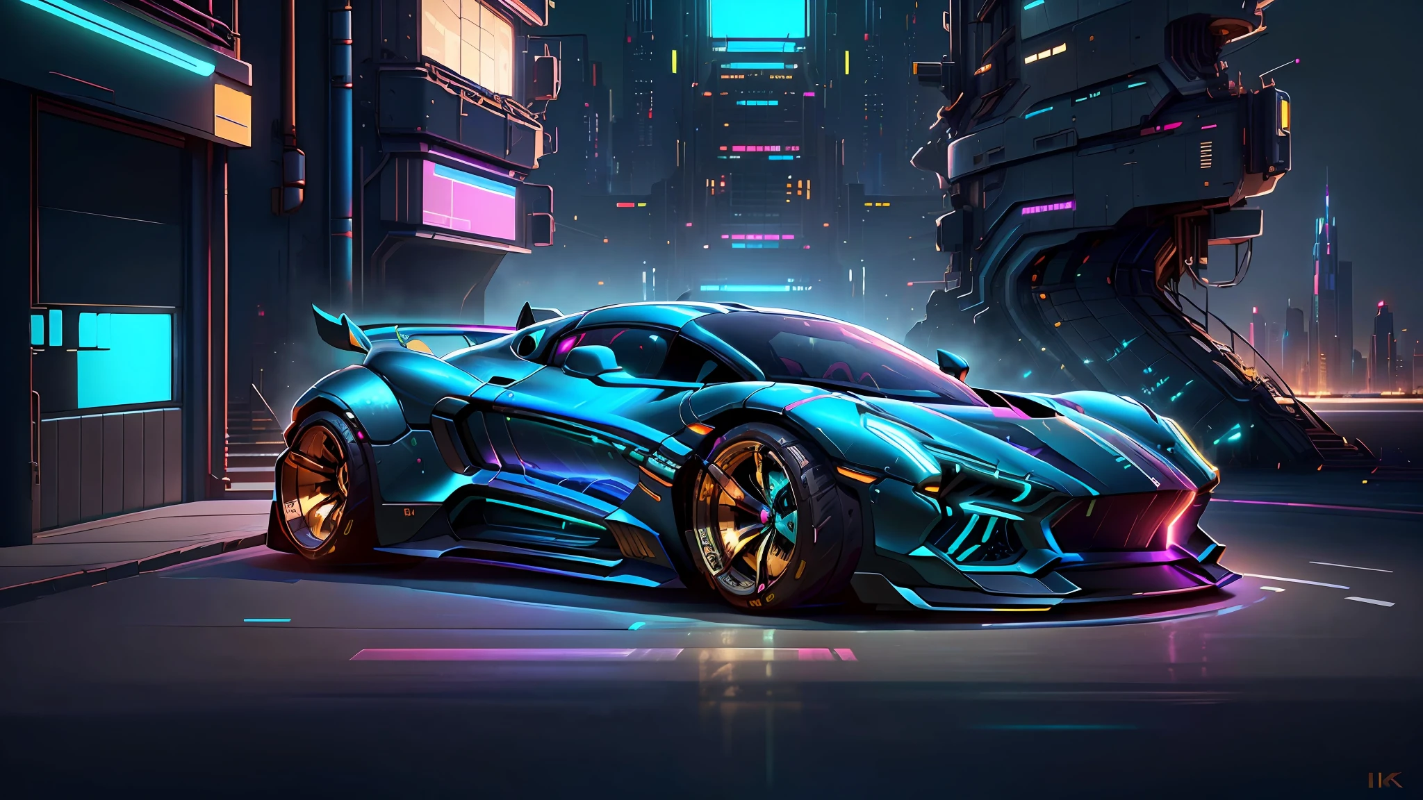 (CyberPunkAI:1.2), (BugattiAI:0.4), (sleek symmetrical futuristic sports car:1.2) with a futuristic weapon mount, (iridescent blue:1.4) paint, (city background, at night:1.4), highly detailed rims, (glowing rims:1.2), (intricate details, golden ratio, masterpiece:1.2), (8k, photorealistic, insane quality, best quality:1.6), extremely detailed, highest detail, highly detailed, incredibly detailed