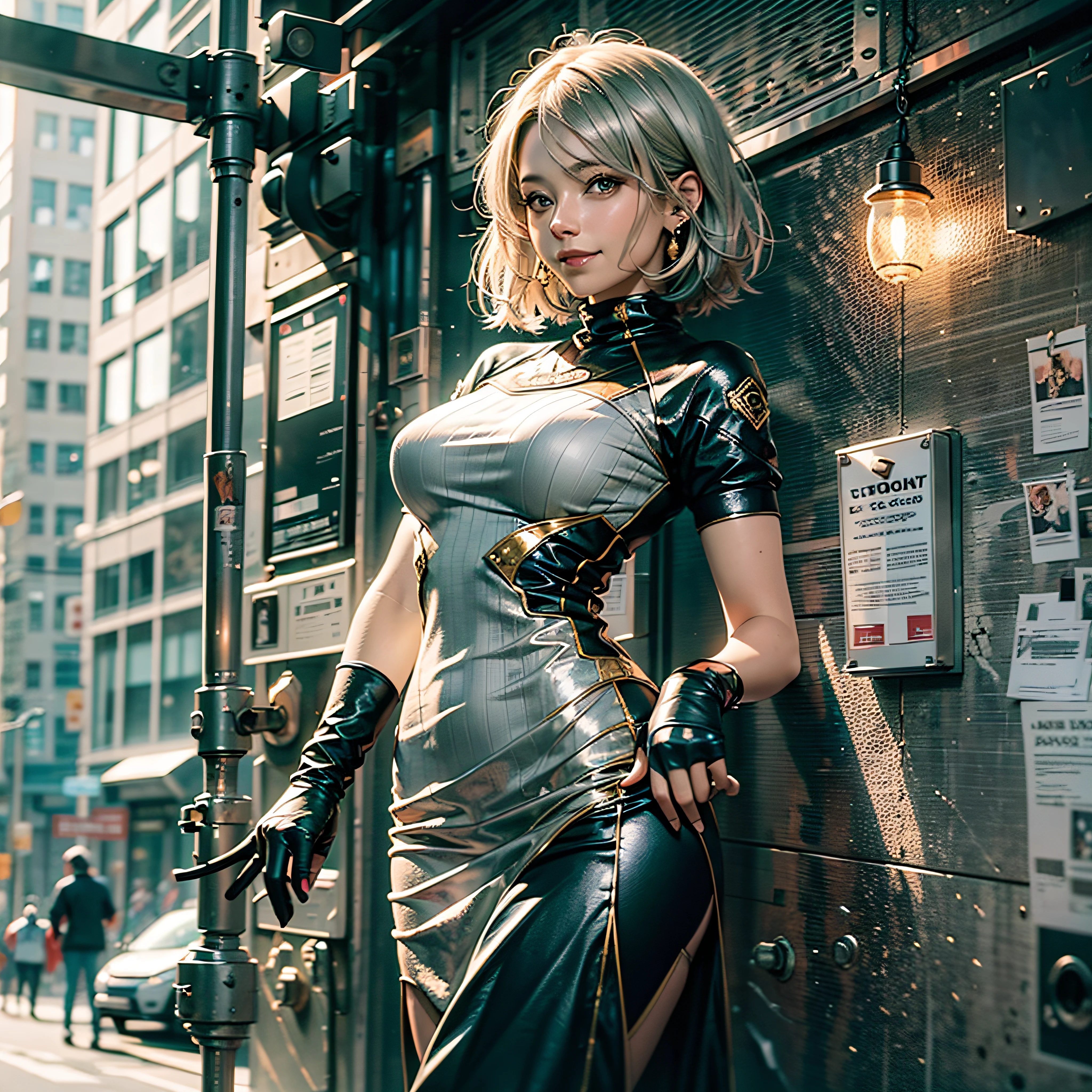 Full body, gray hair, (Dragoon: 1.2), Brantovan, masterpiece, best quality, official art, very elaborate CG Unity 8K wallpaper, for girls, ultra high resolution, (photorealistic: 1.4), golden hour lighting, sweater dress, (upper body), (platinum shorthair: 0.8), (puffy eyes), looking at the viewer, frontal, smile, medium breasts, gentle smile, Shirt lift, gloves, short hair