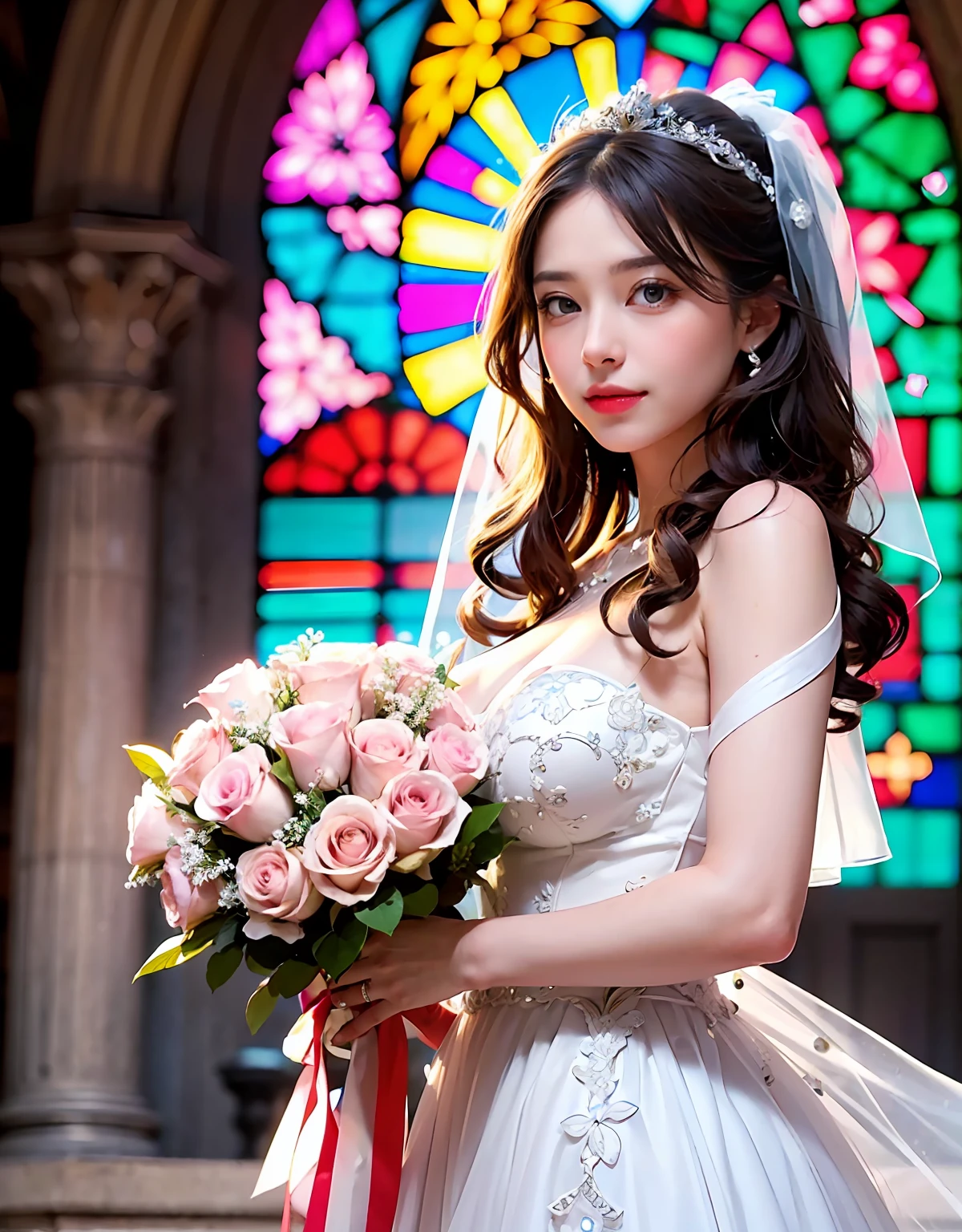 A maiden holding a bouquet: 1.2), Lori, wearing a wedding dress, dress translucent, bride, (finger diamond ring: 1.2), (wedding dress: 1.1), finger cheeks, eyes glowing eyes, Floating hair, holding bouquet, (Faint smile: 1.3), magical girl, (church), stained glass background, (rose petals), Fantastical, looking at the audience, (Particle: 0.7), Side Light, (Tyndall Light), (masterpiece, flat colors, color: 1.0), (Best Quality: 1.2), (High Accuracy: 1.1), 8K resolution, rich detail, Perfect Light and Shadow, Clear background, Noise Reduction、Big big tits、valley