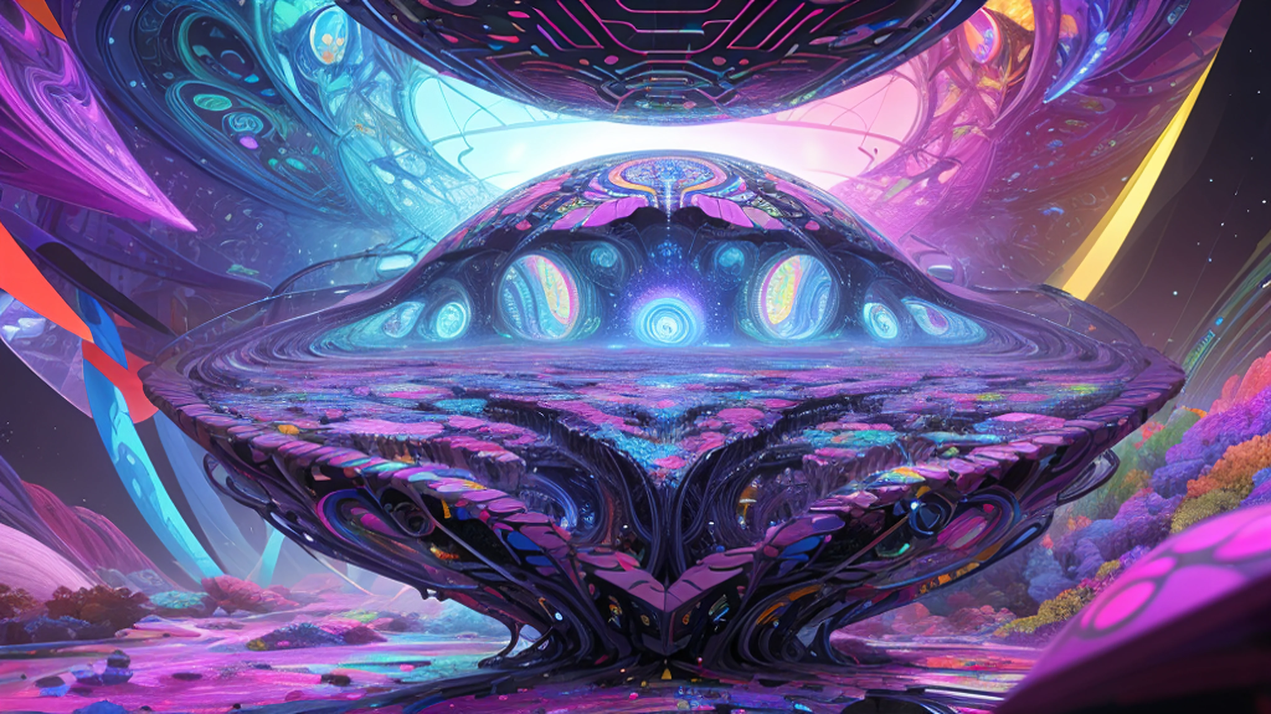 "Envision a mesmerizing scene: a majestic bridge stretching across a serene river with mountains and clouds, adorned with intricate fractal art patterns. In the background, a vibrant town comes to life, bustling with activity. Standing proudly on the bridge is an esteemed Native American indian, donning traditional attire with feathers and beads, embodying the rich cultural heritage. The artwork is infused with a psychedelic touch, reminiscent of the captivating style of Android Jones and Chris dyer . Let the illusion of this extraordinary composition captivate your imagination."