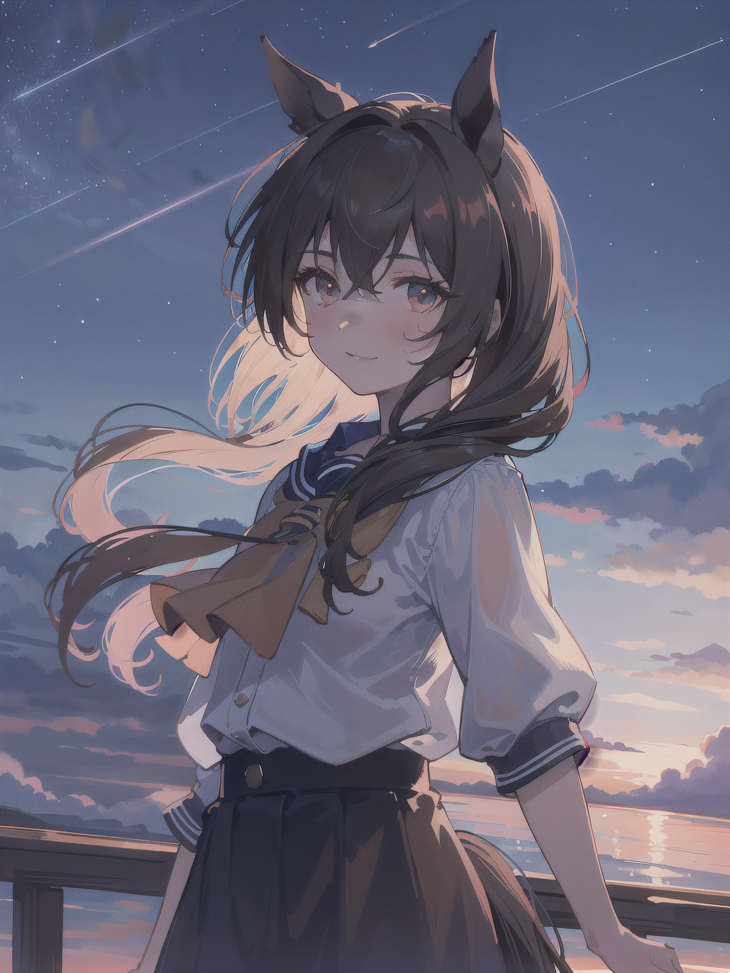 1girle, sunset, star sky,brown eye,1girle,long brown hair, Brown eyes, Master Masterpiece, best-quality, Uma Musume(Admire Vega), Pony tail,a ponytail,Grated hair, solo,,Natural lighting,SD,Picturesque,(detailed face:1.2),showcase,(Perfect eyes:1.1),Horse ears,Eared,tail,The tail is growing,solo,smilling face