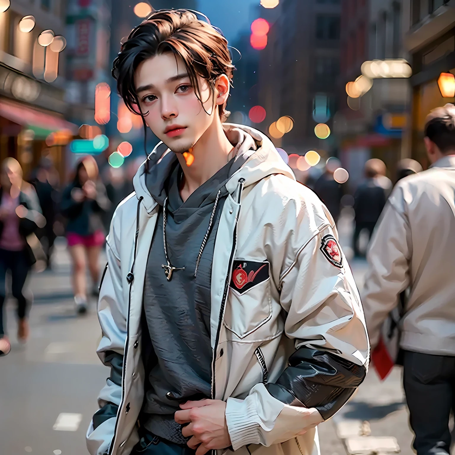 (Best quality），（HD 8K），（Realistic），A guy，Twenty-eight years old，Handsome face，（Walk the street），A group of people pointed at him，Background bokeh，（Jeizuo）