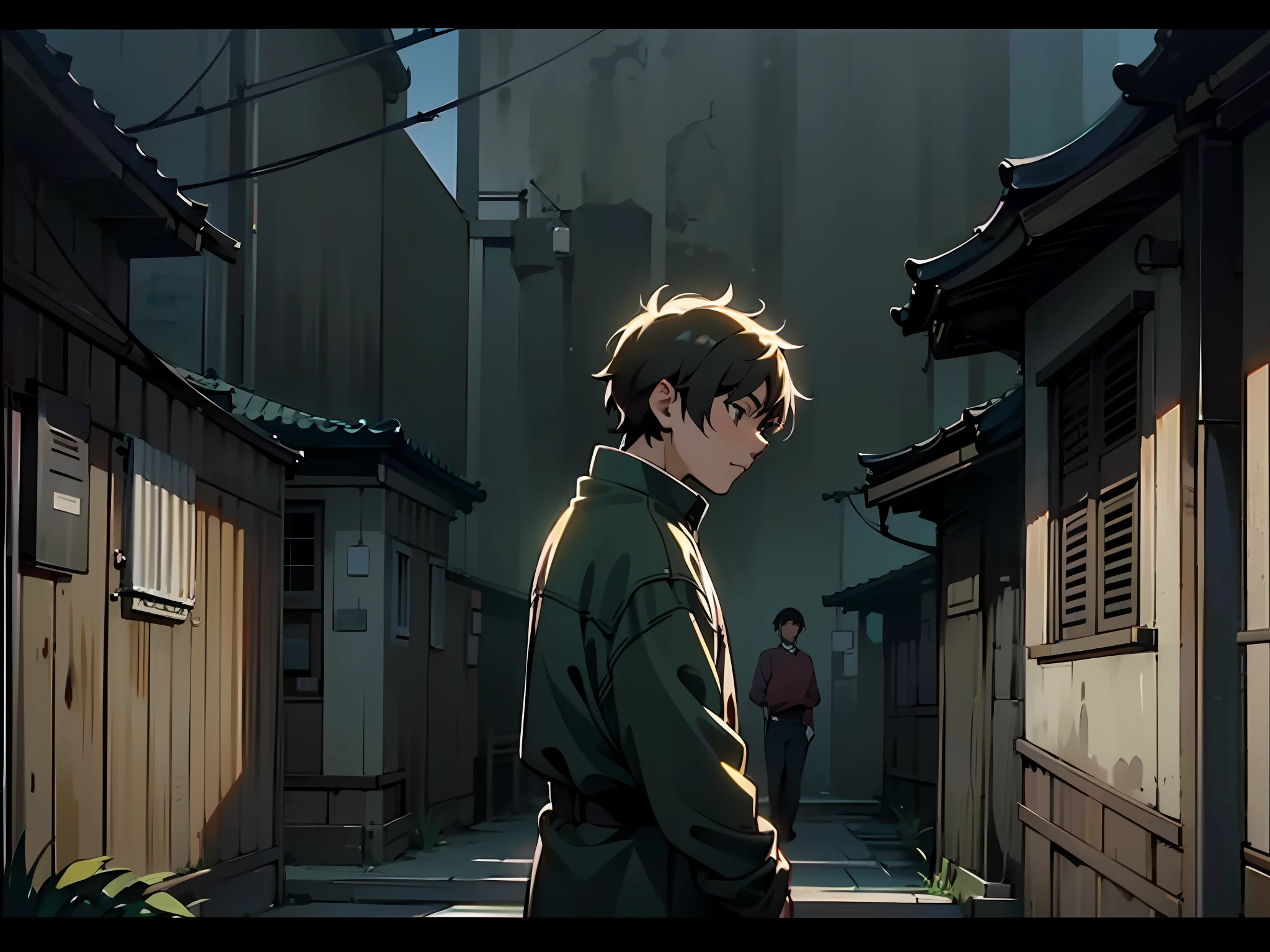 anime scene of a man standing in a narrow alley with a woman walking by, artwork in the style of guweiz, guweiz, guweiz masterpiece, lofi artstyle, makoto sinkai, korean art nouveau anime, Beautiful anime scene, screenshot from the anime film, aesthetic award winning anime, lofi feel --auto