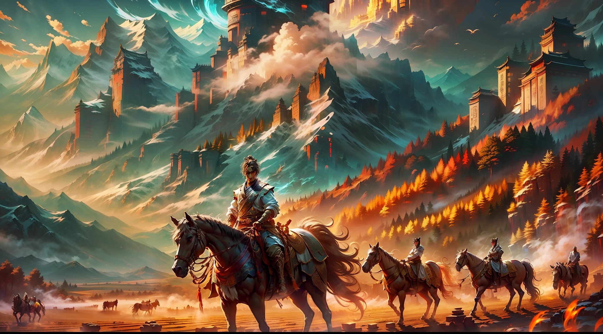 The character is a young farmer, farmer mounted on a horse, young farmer, strong farmer, beautiful horse, the scenery should portray ancient china, image with strong contrast, mountains in the background, mists to give an air of mystery and wisdom, very beautiful landscape