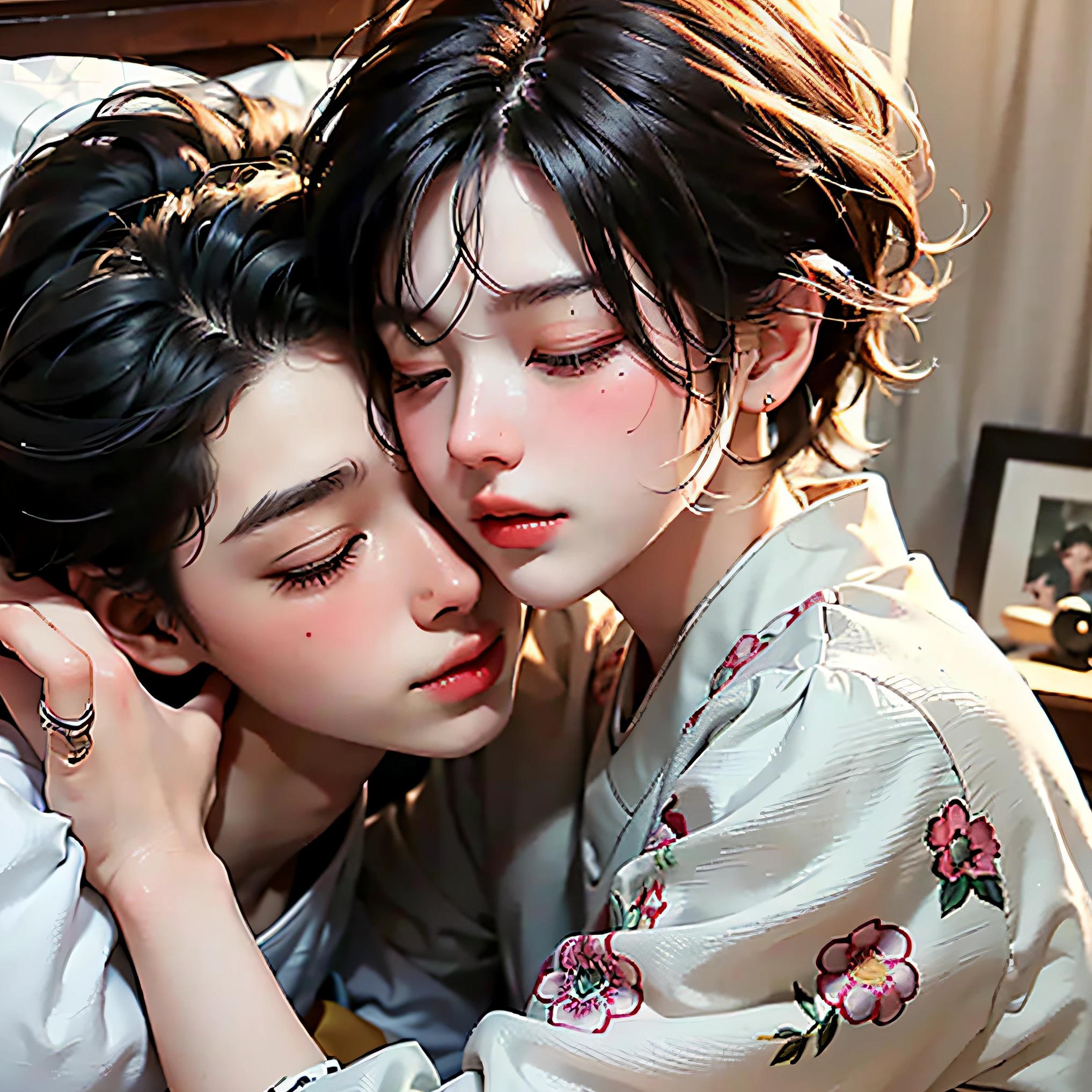 (Best quality），（HD 8K），（Realistic），A boy，Short hair，（（laying in bed）），（（Close your eyes）），（（Rest your head on your hands）），In the background is the bedroom，（Jeizuo），Face Close-Up