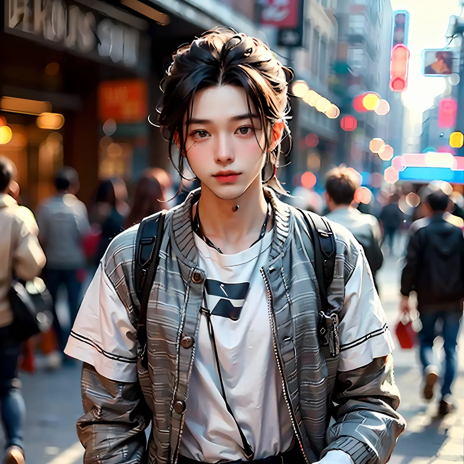 (Best quality),(HD 8K),(Realistic),A guy,Twenty-eight years old,Handsome face,(Walk the street),A group of people pointed at him,Background bokeh,(Jeizuo)