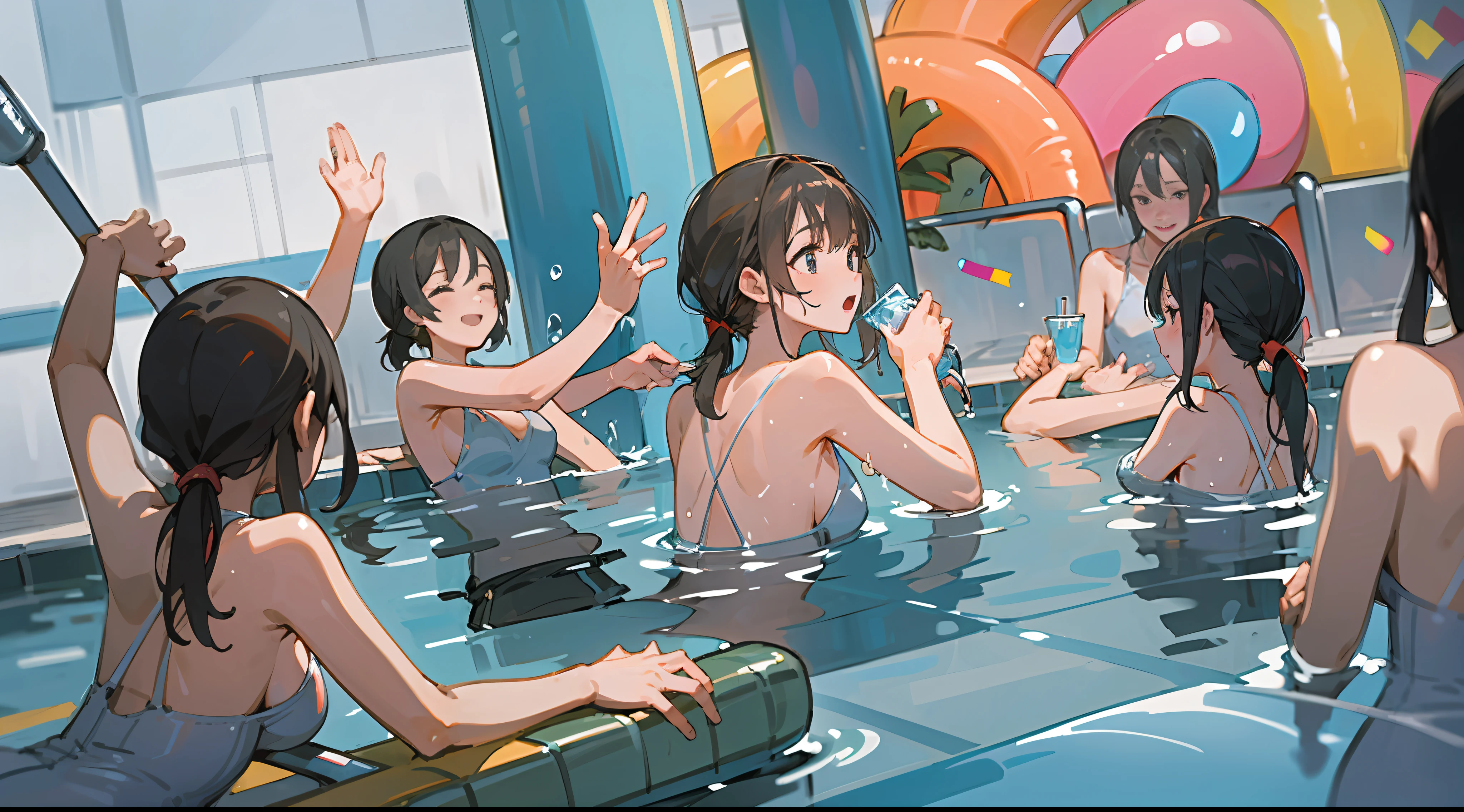 ((Masterpiece)), ((Best quality)), 8K, highdetail, Ultra-detailed, A vibrant pool party in full swing, 1pool party, ((colorful inflatables)), energetic music, splashing water, (refreshing drinks), (festive decorations)