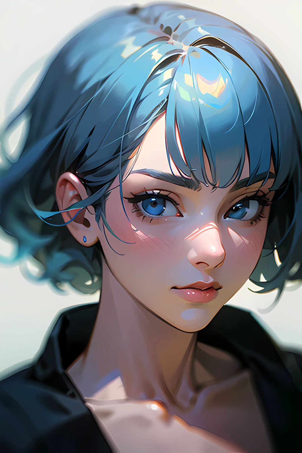 (Master peace、maximum quality、with high resolution、photo-realistic)、Silky skin、Lighting adapted to photography、Finely sculpted faces、the woman、Blue hair、bob cut、Strong perm、a ponytail、Fat body