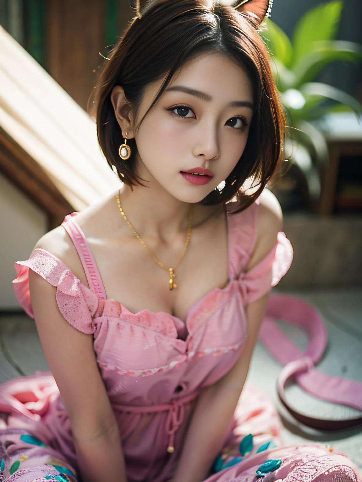 hkgirl, sun dress, short hair, Random posture, (An extremely delicate and beautiful work), (masterpiece), 1girl, a girl in a pink dress, highly detailed, waist leaking, charming expression, beautiful and clear eyes, green eye pupil, delicate necklace, delicate earrings, fairy ears, simple blurred background, extreme detail description, beautiful, charming, (ulzzang-6500-v1.1:0.5) , (pureerosface_v1:0.5)