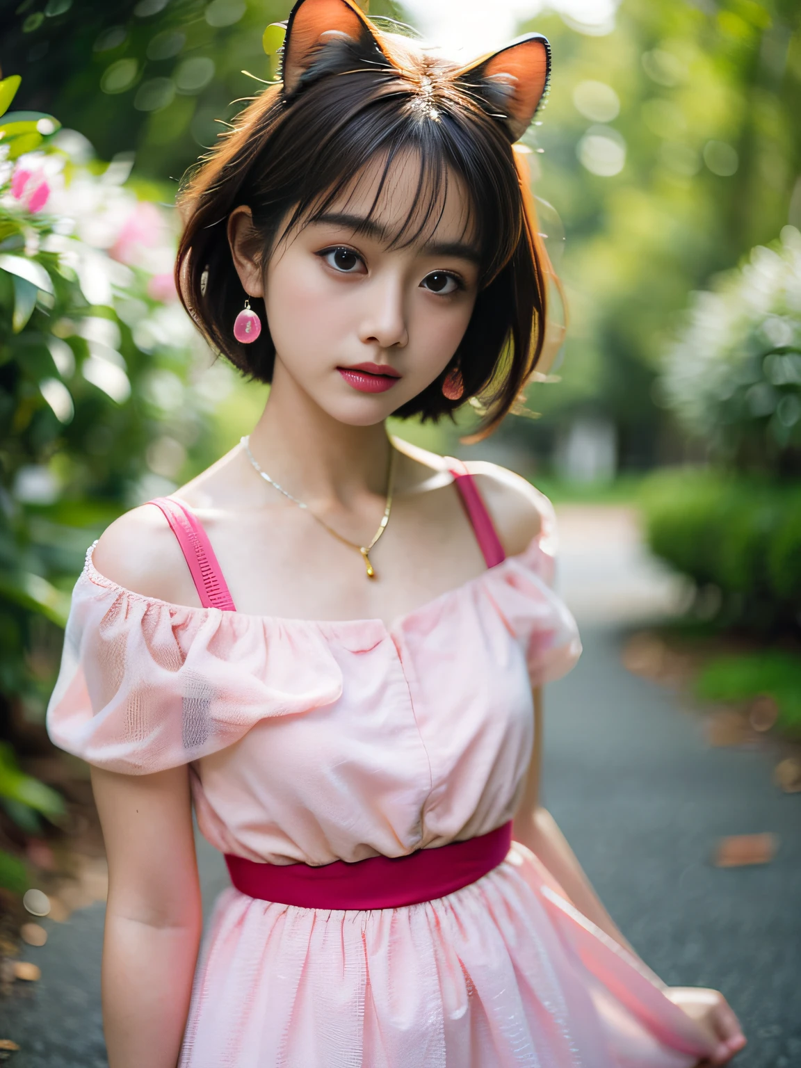 hkgirl, sun dress, short hair,  Random posture, (An extremely delicate and beautiful work), (masterpiece), 1girl, a girl in a pink dress, highly detailed, waist leaking, charming expression, beautiful and clear eyes, green eye pupil, delicate necklace, delicate earrings, fairy ears, simple blurred background, extreme detail description, beautiful, charming,  (ulzzang-6500-v1.1:0.5) , (pureerosface_v1:0.5)