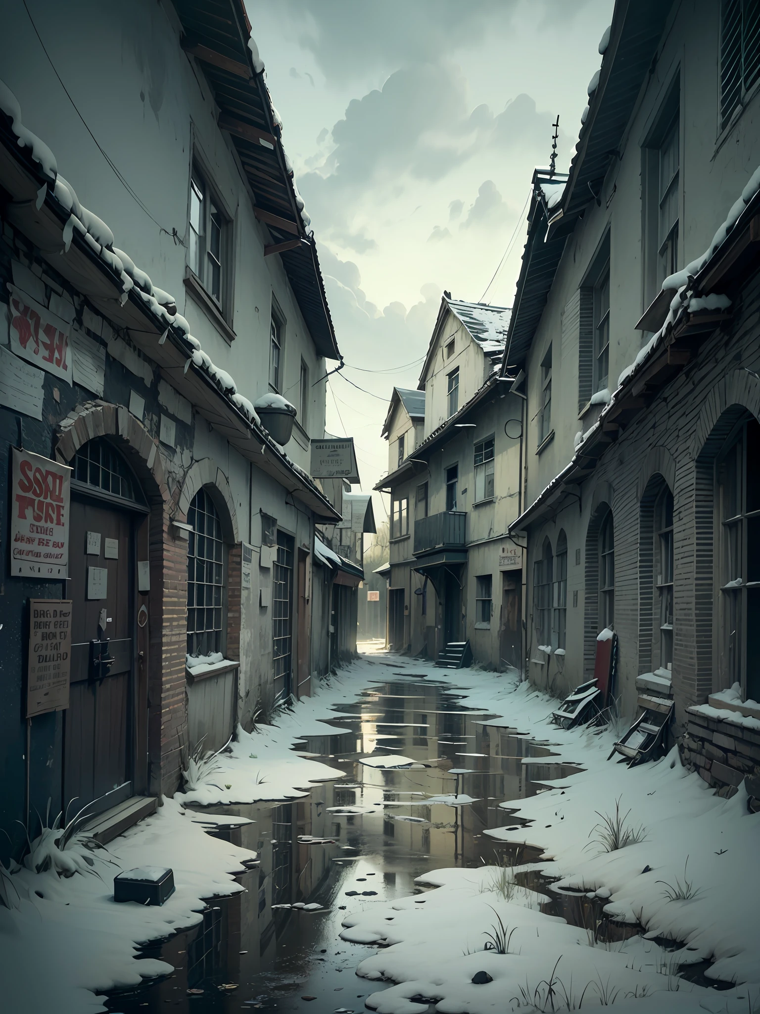 a abandoned old village in dark style, gloomy atmosphere --auto --s2