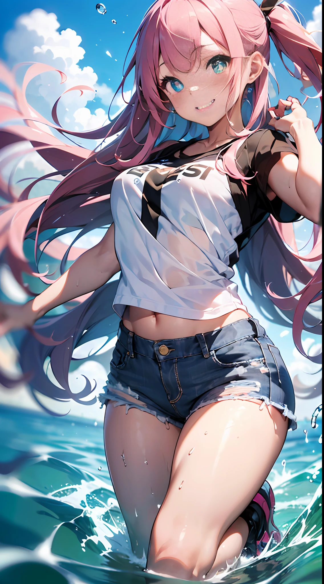 Dynamic angles,(Full body:0.9),
joyful pose,Light Smile,blush,play in the water,one eye closed,:>,Long hair,Glowing eyes,Denim shorts,
water reflection,(floating water drop),(blurry foreground),(blue sky),Lens Flare, (splashed water),Sunshine(splashed water),Sunshine(((masterpiece))),((ultra- detailed,Best Quality, with high resolution, 8k wallpaper, ))(1 girl)((Pink hair, Long hair,Straight hair,two side up)) (Green eyes),eyeshadow, Eyeliner,Glow Eyes, hyper detailed eyes, intricate eyes, Beautiful eyes, ((Glowing pink pupils))18-year-old girl.