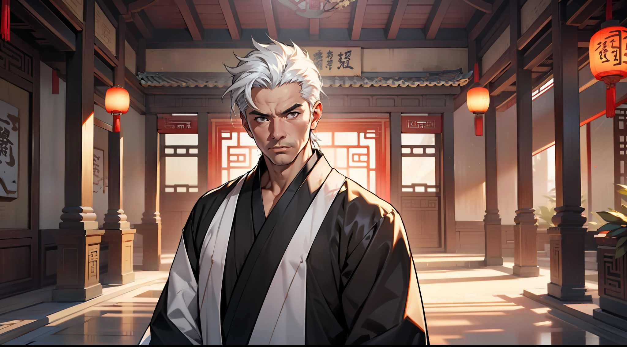 28, (1 person) The middle-aged man in black Hanfu attire, with white hair, middle-aged appearance, black coat, black Hanfu attire, and white hair, handsome, his face changes dramatically, answering without giving a definite response. (Background: Inside the sacred and magnificent ancient Chinese palace hall)
