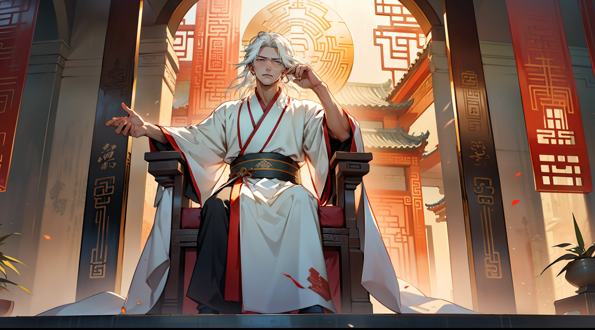 29, (1 person) The boy with white hair, white Hanfu attire, long white hair, exudes a kingly air, looking gorgeous, handsome, and with an outstanding temperament, sits on the sacred throne, indifferent and wearing a calm expression. (Background: Inside the sacred and magnificent ancient Chinese palace hall)