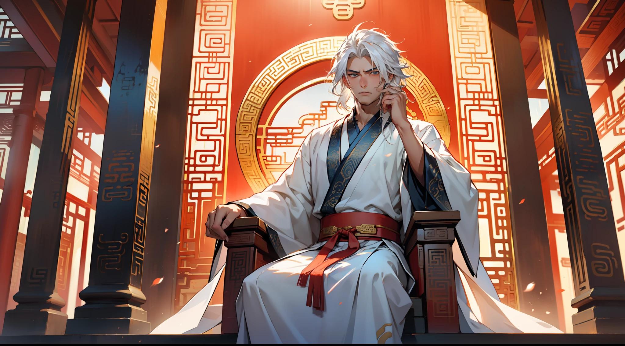 29, (1 person) The boy with white hair, white Hanfu attire, long white hair, exudes a kingly air, looking gorgeous, handsome, and with an outstanding temperament, sits on the sacred throne, indifferent and wearing a calm expression. (Background: Inside the sacred and magnificent ancient Chinese palace hall)