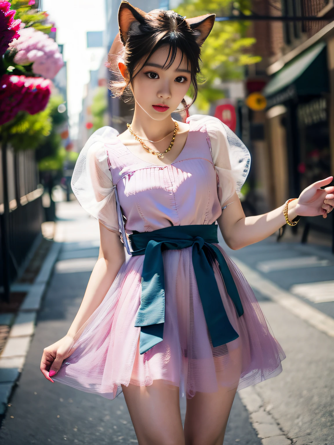 hkgirl, sun dress, short hair, Random posture, (An extremely delicate and beautiful work), (masterpiece), 1girl, a girl in a pink dress, highly detailed, waist leaking, charming expression, beautiful and clear eyes, green eye pupil, delicate necklace, delicate earrings, fairy ears, simple blurred background, extreme detail description, beautiful, charming, (ulzzang-6500-v1.1:0.5) , (pureerosface_v1:0.5)