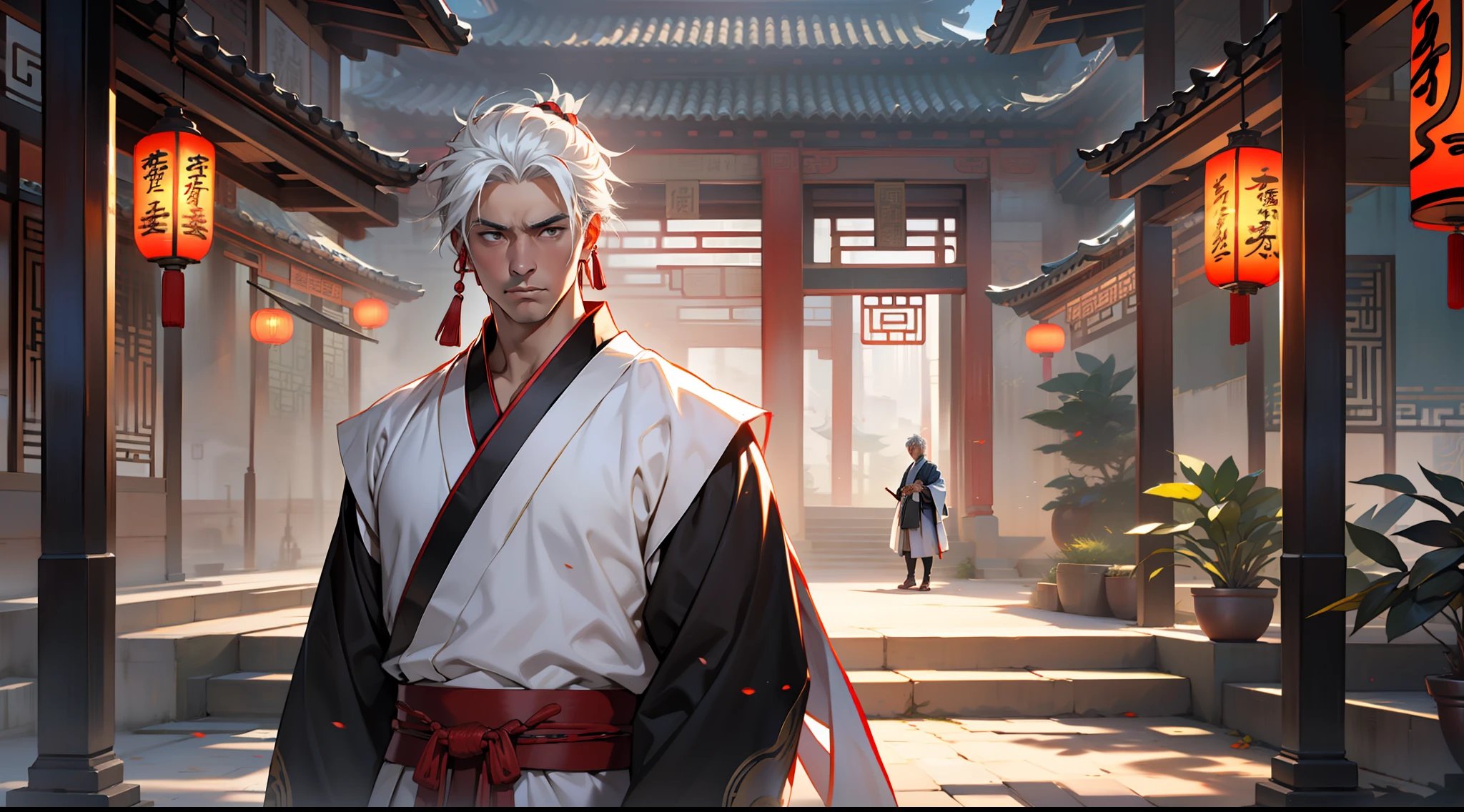 30, (1 person) The middle-aged man in black Hanfu attire, with white hair, middle-aged appearance, black coat, black Hanfu attire, and white hair, handsome, his face changes dramatically, filled with fear. (Background: Inside the sacred and magnificent ancient Chinese palace hall)