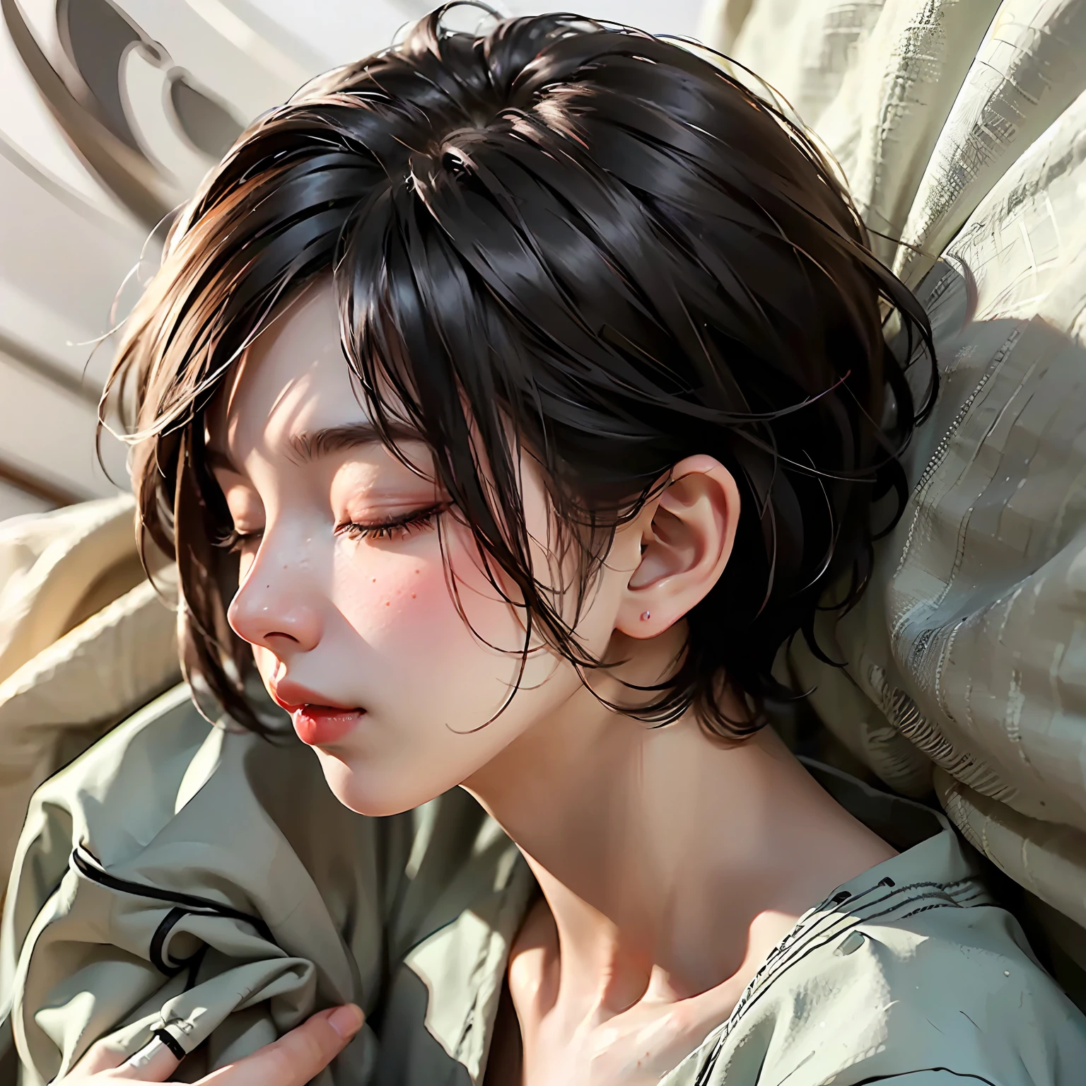 (Best quality),(HD 8K),(Realistic),A boy,Short hair,((laying in bed)),((Close your eyes)),((Rest your head on your hands)),In the background is the bedroom,(Jeizuo),Face Close-Up
