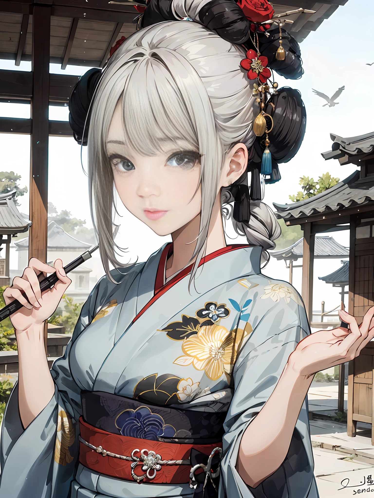 absurd,high sharpness,super-detailed,Texture details,Presented clearly,HD details,Detailed representation,The details are down to the smallest detail,The face is clear,Accurate restore,Clear eyeballs,(Skinny girl:1.3),Hand drawn,Silver-gray curls,Sengoku period,The daughter of a wealthy 15-year-old merchant wearing a kimono,confident,arrogant,intelligent,Stand in the courtyard with a fan in hand,Jeizuo,looks into the camera