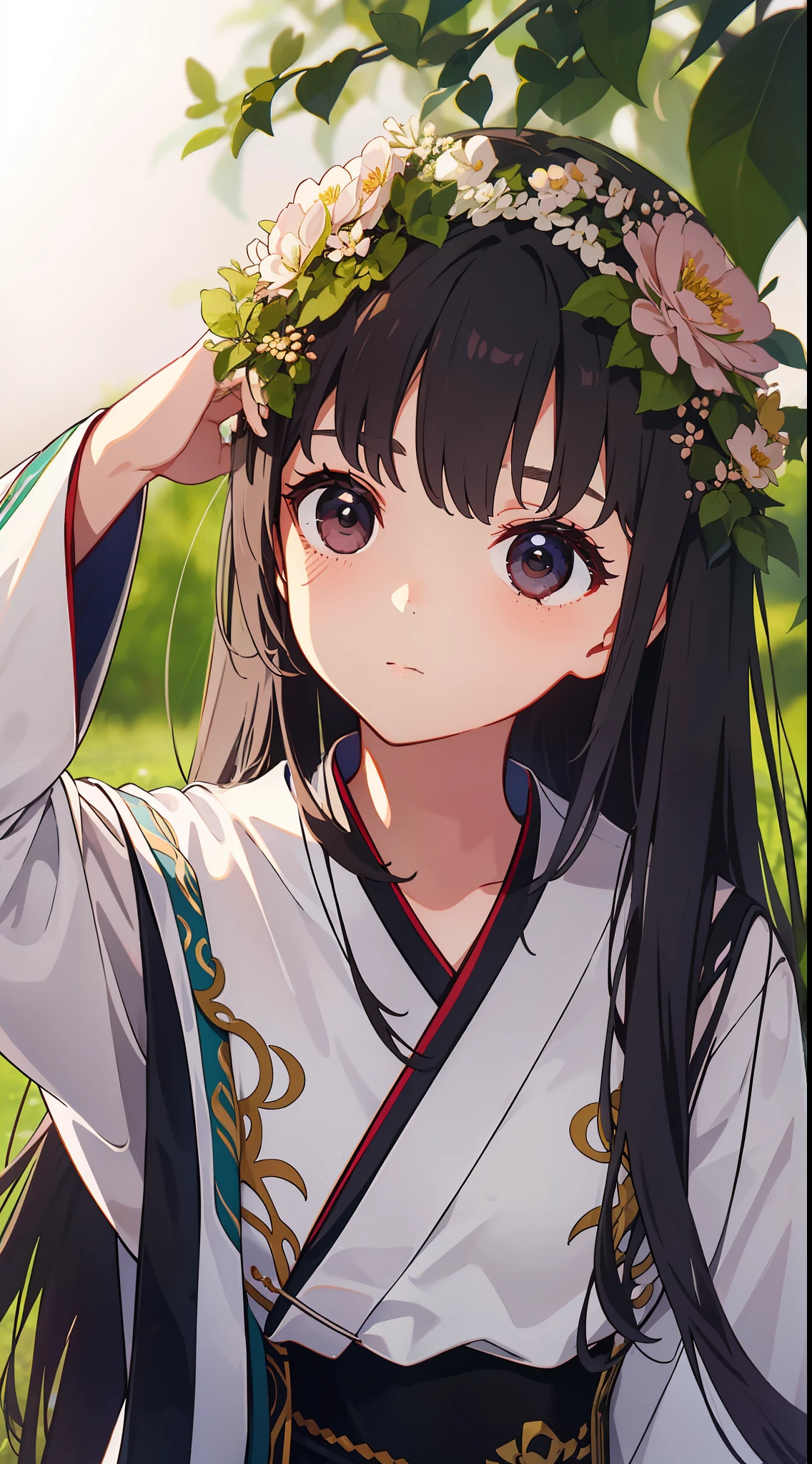 A close-up depicts a beautiful Hanfu girl wearing a flower crown. Her long hair flowed down, and her pretty face showed a cute charm. When we moved our gaze down, we saw that her hair gradually turned into flowers and plants, forming an image in harmony with the surrounding nature. --AR 2：3 --v 5