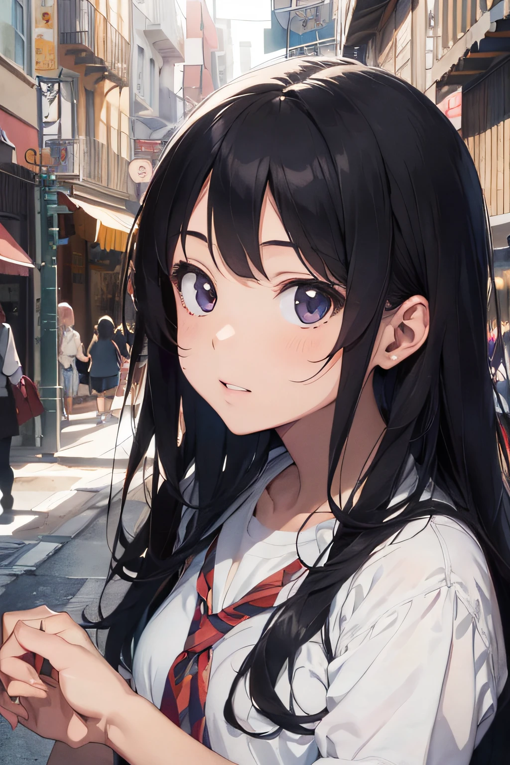 (exceptional, best aesthetic, new, newest, best quality, masterpiece, extremely detailed, anime, waifu:1.2), a pretty woman, longhair, black hair, schoolgirl, watercolor, summer, date