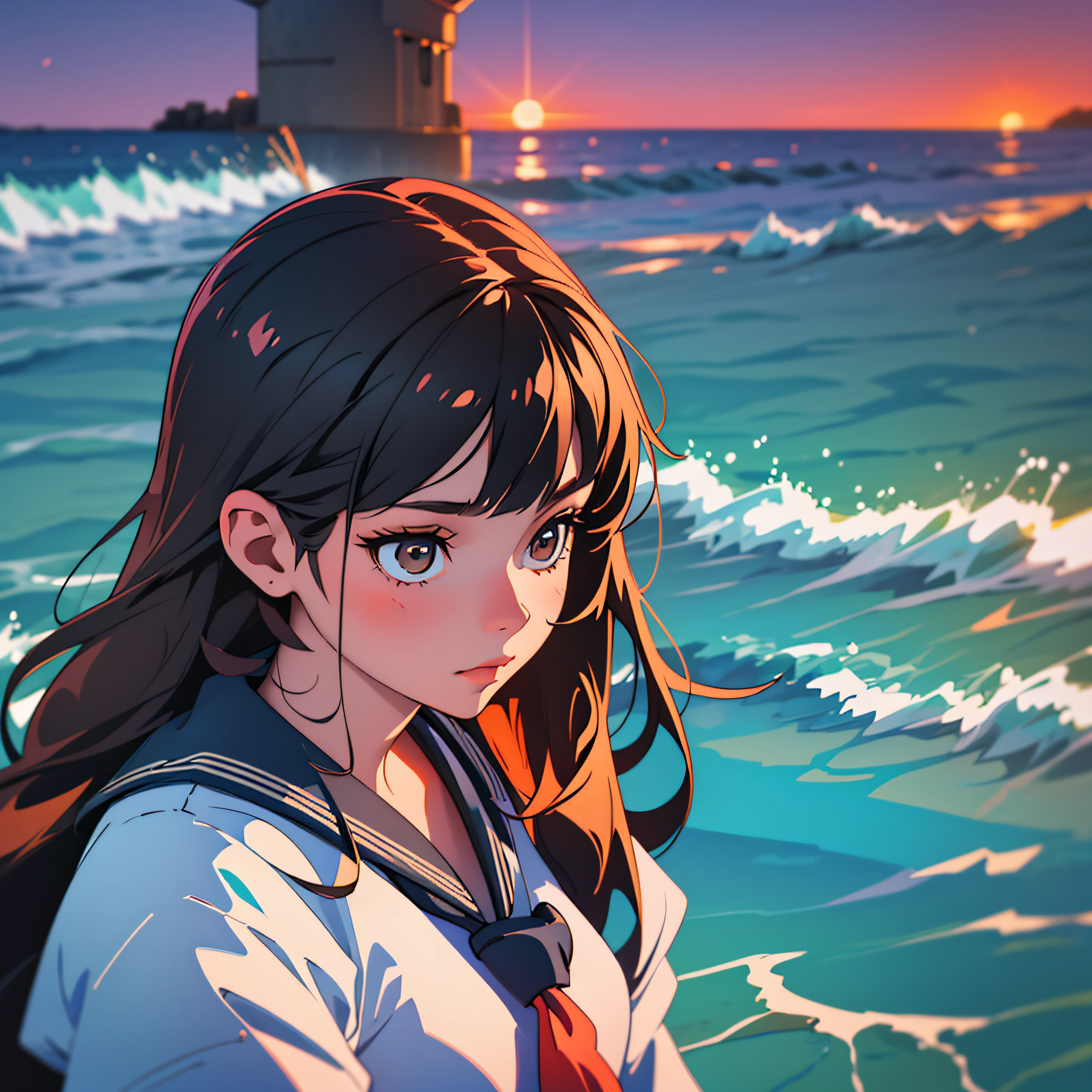 photos、Natural lighting、photo realism、Cinematic Rendering、raytracing、best-quality、Highest detail、Cinematic、Third Person View、Blur effect、Long Exposure、ultra-hd、Natural lighting、Moody Lighting、Cinema tick writing、detailed backgorund、A girl、sea、Sunset --auto