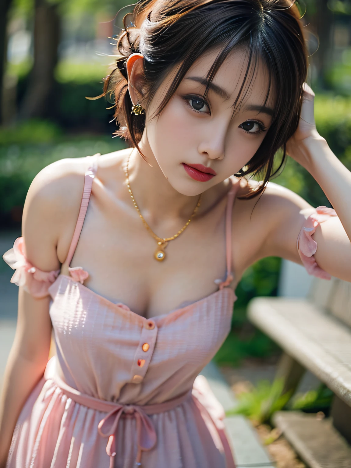 hkgirl, sun dress, short hair, Random posture, (An extremely delicate and beautiful work), (masterpiece), 1girl, a girl in a pink dress, highly detailed, waist leaking, charming expression, beautiful and clear eyes, green eye pupil, delicate necklace, delicate earrings, fairy ears, simple blurred background, extreme detail description, beautiful, charming, (ulzzang-6500-v1.1:0.5) , (pureerosface_v1:0.5)