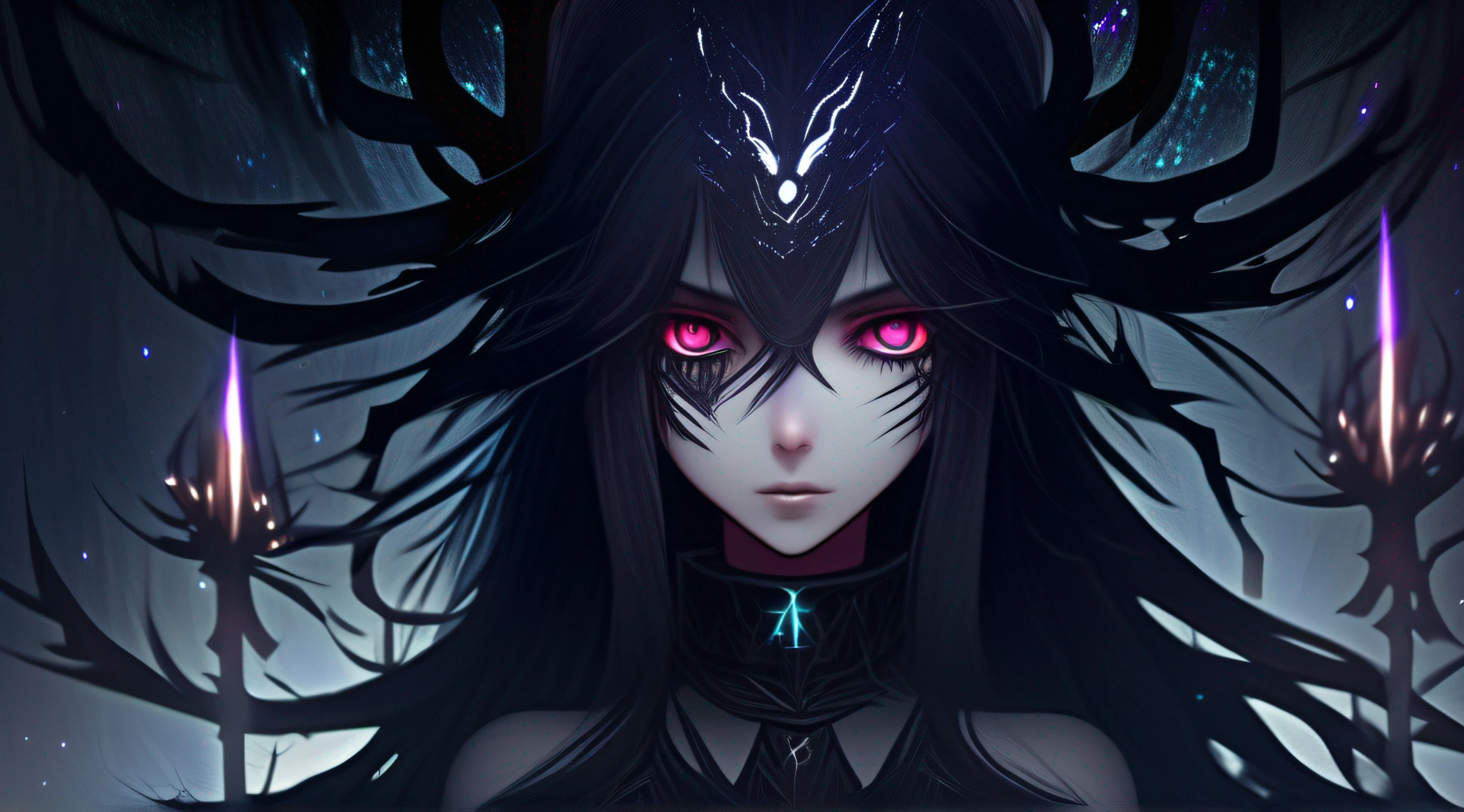 masterpiece, best quality, masterpiece, (1 girl), (LLChar), evil witch, dark energy, void, empty eyes, (extreme evil), dark magic, dark forest, negative energy, hell, void, stars, black hair,