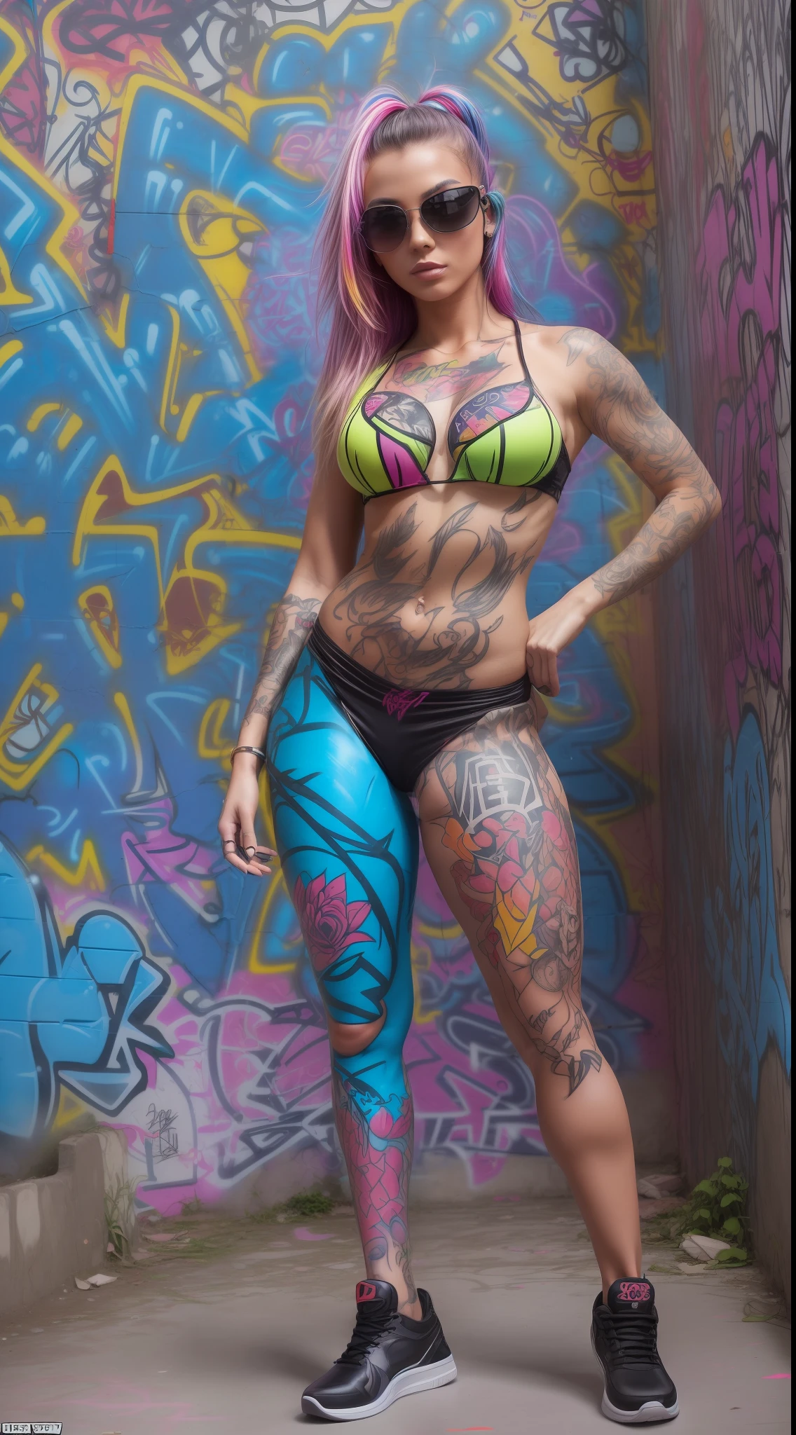 An european 1girl, Graffiti Goddess, sexypose, full body photo, (colorful:1.4), cyberpunk, oakley gascan sunglasses, long hair, gaffiti tattoos, body paint, (graffiti mural wall background), (graffiti), fitness body, rebel, bad ass, best quality, masterpiece, (side to the viewer:1.8)