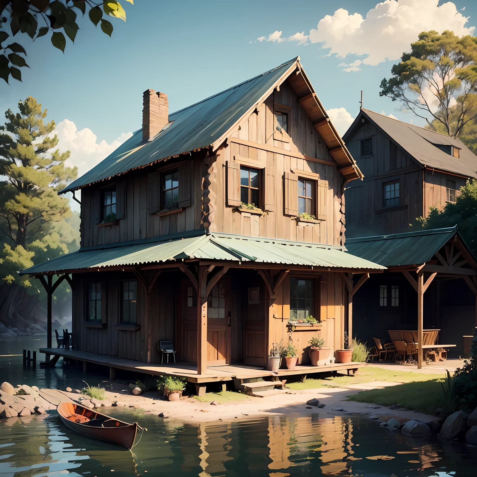 Crie uma imagem de uma casa palafita em meio a um ambiente natural. The house should be built entirely of old wood, with a rustic and aged look. A estrutura da casa deve ser elevada em estacas, giving the feeling of being suspended above the ground.

A cobertura da casa deve ser feita de palhas, forming a roof that extends over the entire length of the building. These straws should have a worn appearance and can be of earthy tones, como marrom claro e amarelado.

The house should have a visible front door, que pode estar aberta ou fechada. Para acessar a casa, uma ponte de madeira deve se estender desde a porta da frente, descending gently to the bank of the river. This bridge should be well built and have a rustic appearance, em harmonia com a casa palafita.

Ao chegar ao rio, at the foot of the bridge, There will be a canoe parked. The canoe can be made of wood and have an ancient appearance, conveying the feeling of being used to cross the river.

Certifique-se de que a imagem transmita uma atmosfera tranquila e harmoniosa, highlighting the connection between the stilt house, a ponte e o rio. Add any other details or elements that you consider important to make the image even more realistic and engaging. --auto