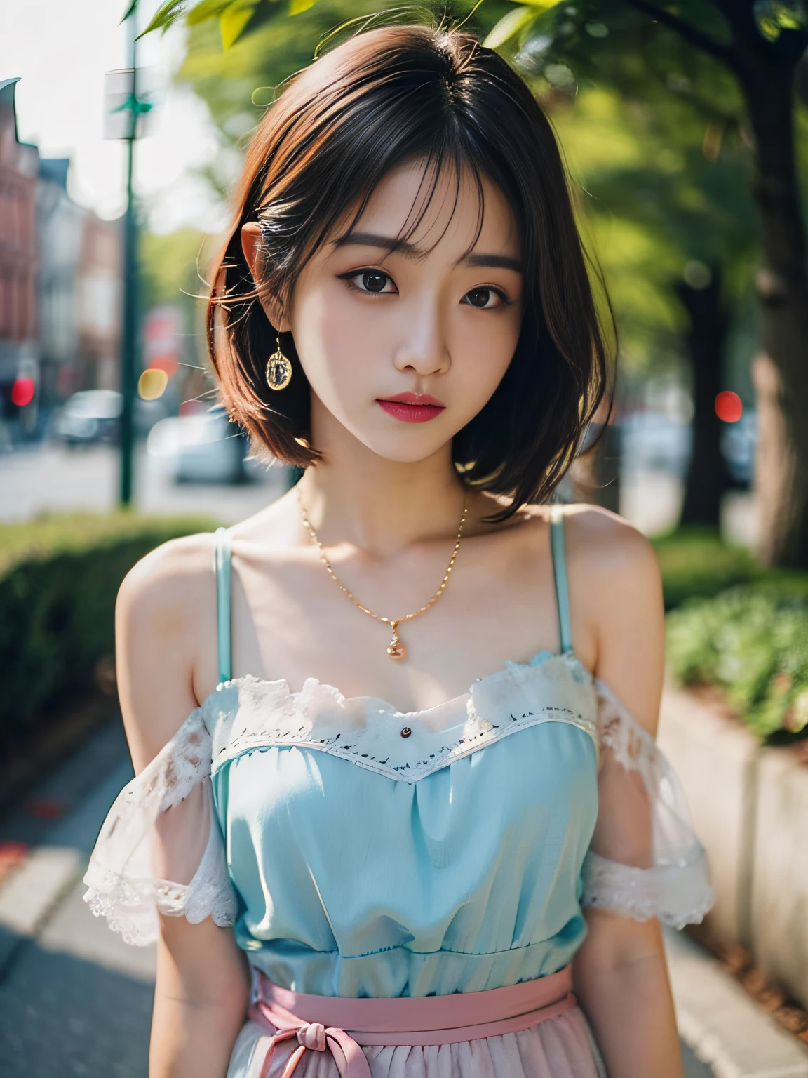 hkgirl, sun dress, short hair, Random posture, (An extremely delicate and beautiful work), (masterpiece), 1girl, a girl in a pink dress, highly detailed, waist leaking, charming expression, beautiful and clear eyes, green eye pupil, delicate necklace, delicate earrings, fairy ears, simple blurred background, extreme detail description, beautiful, charming, (ulzzang-6500-v1.1:0.5) , (pureerosface_v1:0.5)