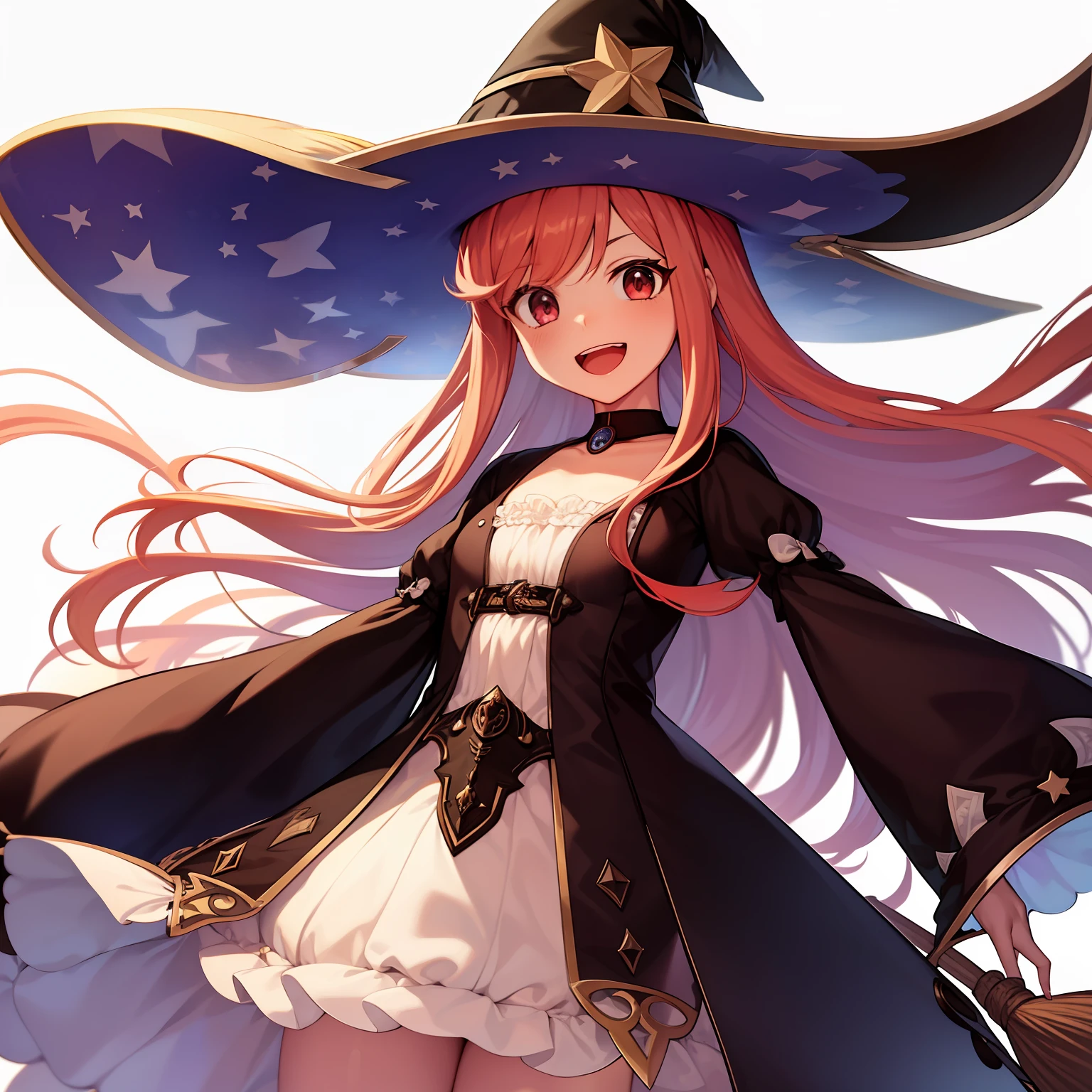 "Wilbell Vol Erslied trending on ArtStation and CGSociety, rendered in Unreal Engine, 4k high-quality. 1girl, atelier_(series), atelier_ayesha, black_headwear, blonde_hair, broom, hat, long_hair, open_mouth, print_headwear, simple_background, smile, solo, star_(symbol), star_print, torii_sumi, wilbell_voll-ersleid, witch, witch_hat"