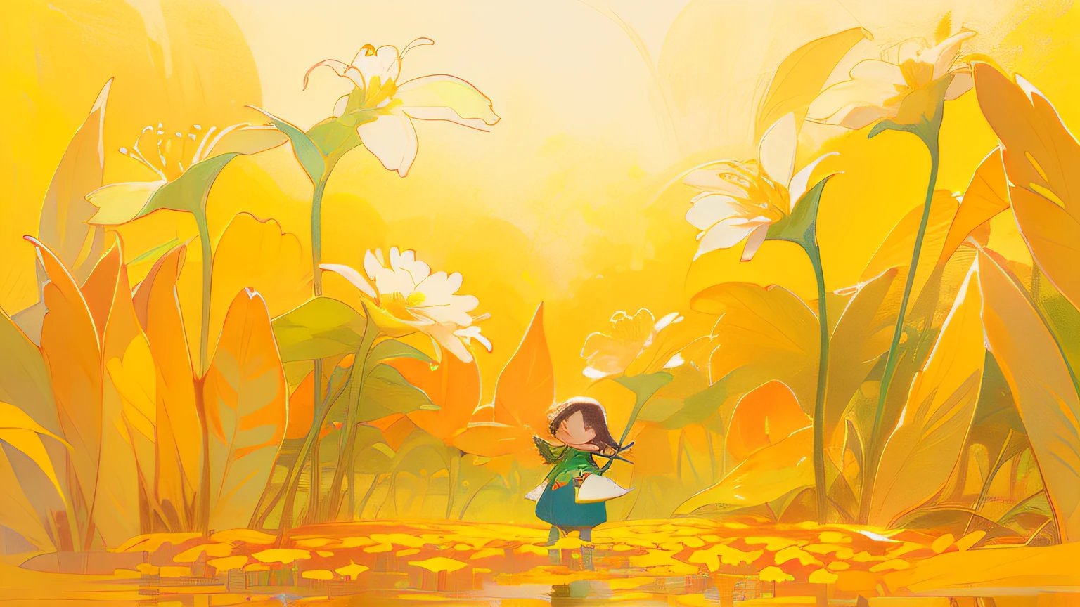 A painting of a little girl standing in a flower field, Child with,Small safflower,Big flowers,Smileing,High-precision illustration of leaves,Jungle petal detail