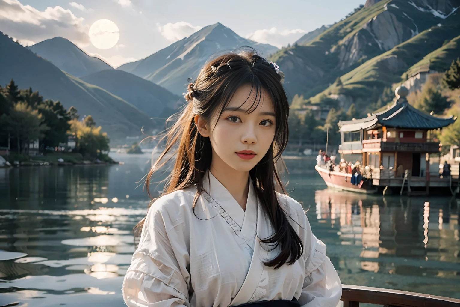 Big vision，Chinese Tang Dynasty，There is a woman in Hanfu on a boat in the water，Ultra-detailed face and eyes，The background is mountains，The fantastic ancient city of Chang'an during the Tang Dynasty of China，Chinese landscape，Filmic，night，White fog，Realistic bright moon，16k，best qality，bokeh，softlight，space，Natural lighting，