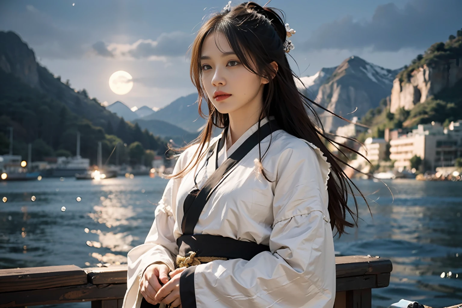 Big vision,Chinese Tang Dynasty,There is a woman in Hanfu on a boat in the water,Ultra-detailed face and eyes,The background is mountains,The fantastic ancient city of Chang'an during the Tang Dynasty of China,Chinese landscape,Filmic,night,White fog,Realistic bright moon,16k,best qality,bokeh,softlight,space,Natural lighting,