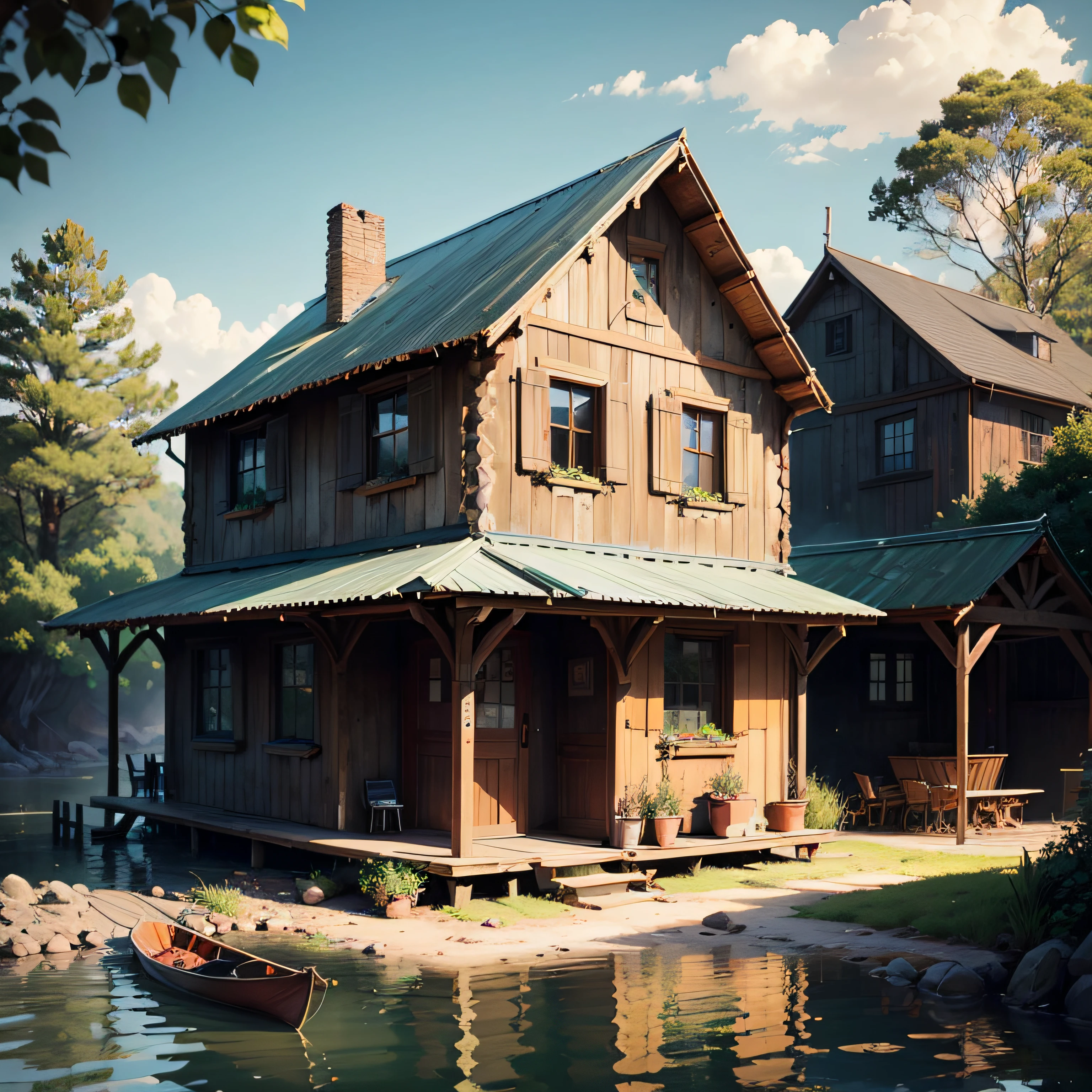 Crie uma imagem de uma casa palafita em meio a um ambiente natural. The house should be built entirely of old wood, with a rustic and aged look. A estrutura da casa deve ser elevada em estacas, giving the feeling of being suspended above the ground.
A cobertura da casa deve ser feita de palhas, forming a roof that extends over the entire length of the building. These straws should have a worn appearance and can be of earthy tones, como marrom claro e amarelado.
The house should have a visible front door, que pode estar aberta ou fechada. Para acessar a casa, uma ponte de madeira deve se estender desde a porta da frente, descending gently to the bank of the river. This bridge should be well built and have a rustic appearance, em harmonia com a casa palafita.
Ao chegar ao rio, at the foot of the bridge, There will be a canoe parked. The canoe can be made of wood and have an ancient appearance, conveying the feeling of being used to cross the river.
Certifique-se de que a imagem transmita uma atmosfera tranquila e harmoniosa, highlighting the connection between the stilt house, a ponte e o rio. Add any other details or elements that you consider important to make the image even more realistic and engaging. --auto